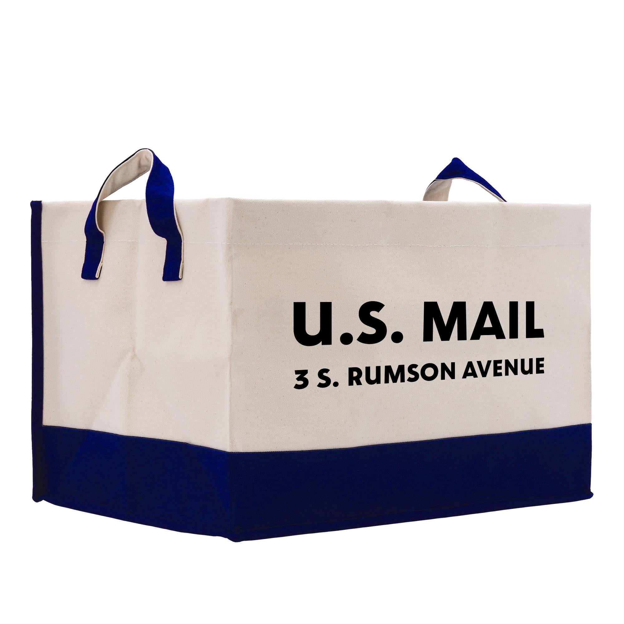 a white and blue bag with the u s mail printed on it