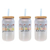 three personalized mason jars with straw tops