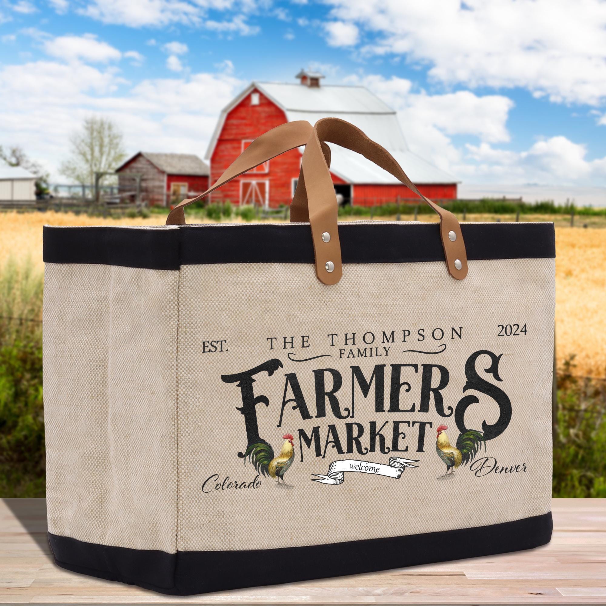 a farmers market bag sitting on a wooden table