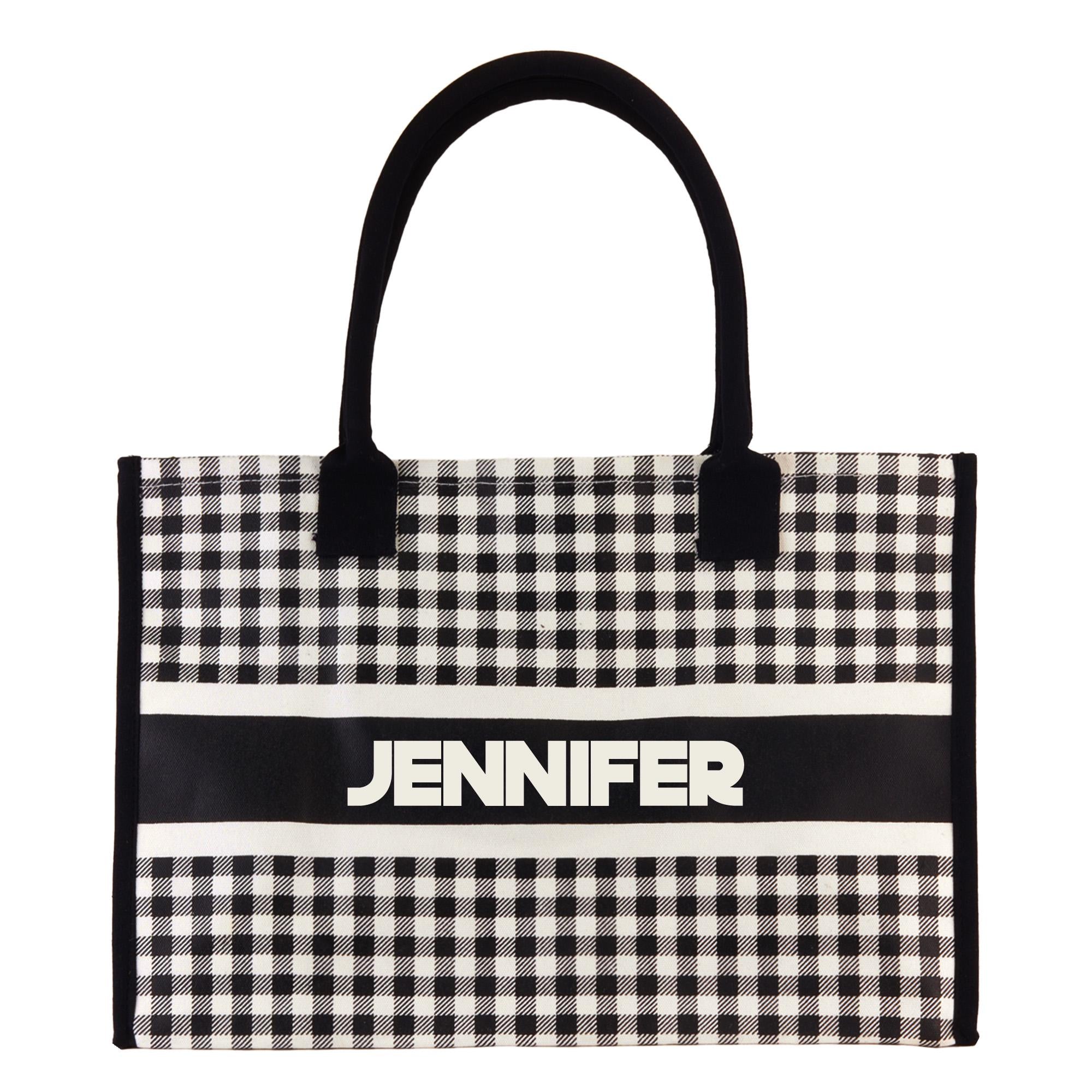 a black and white gingham bag with a name on it