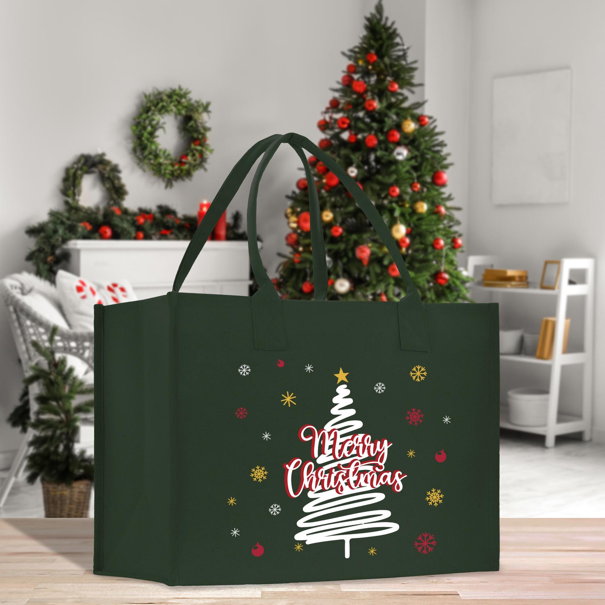 a green shopping bag with a christmas tree on it