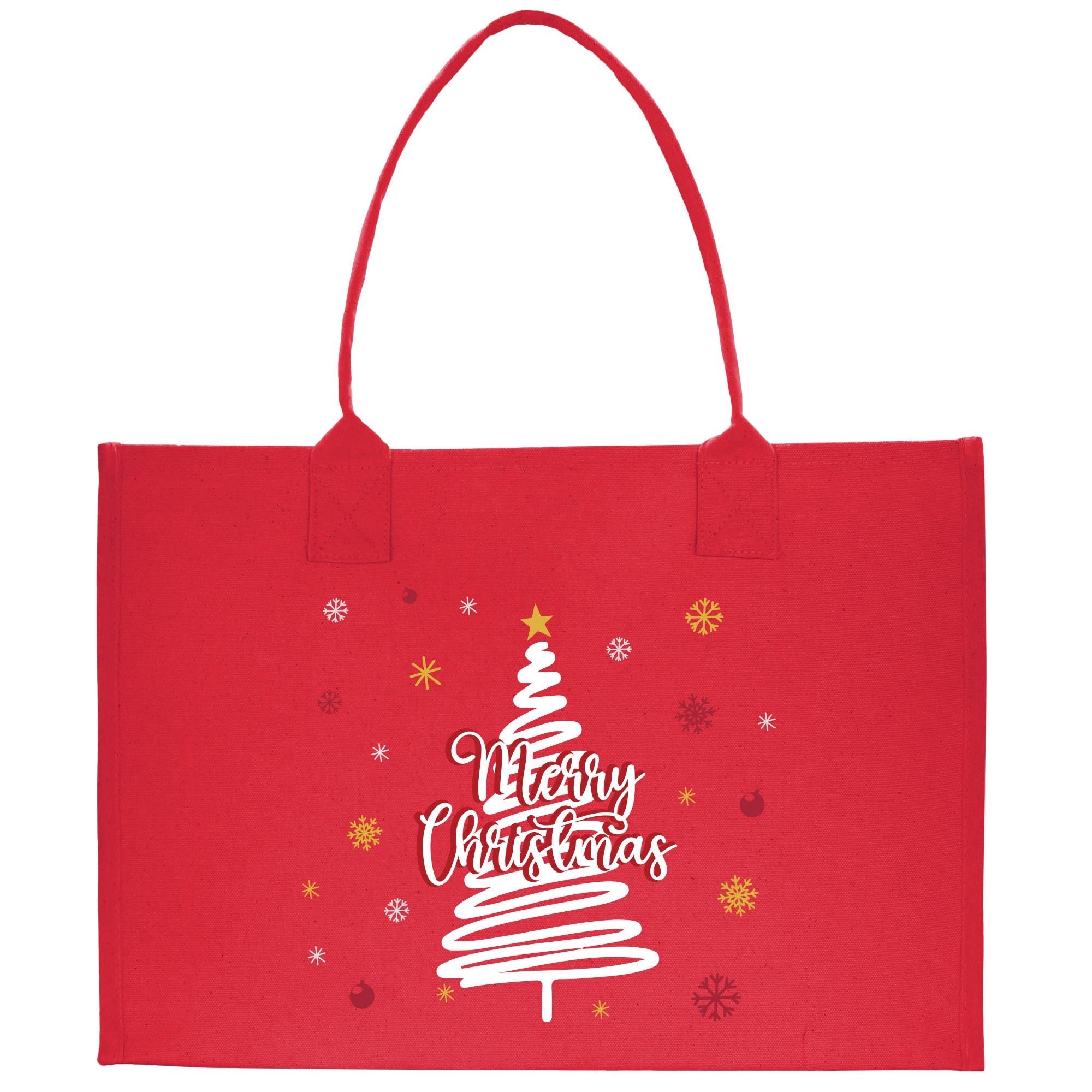 a red shopping bag with a christmas tree on it