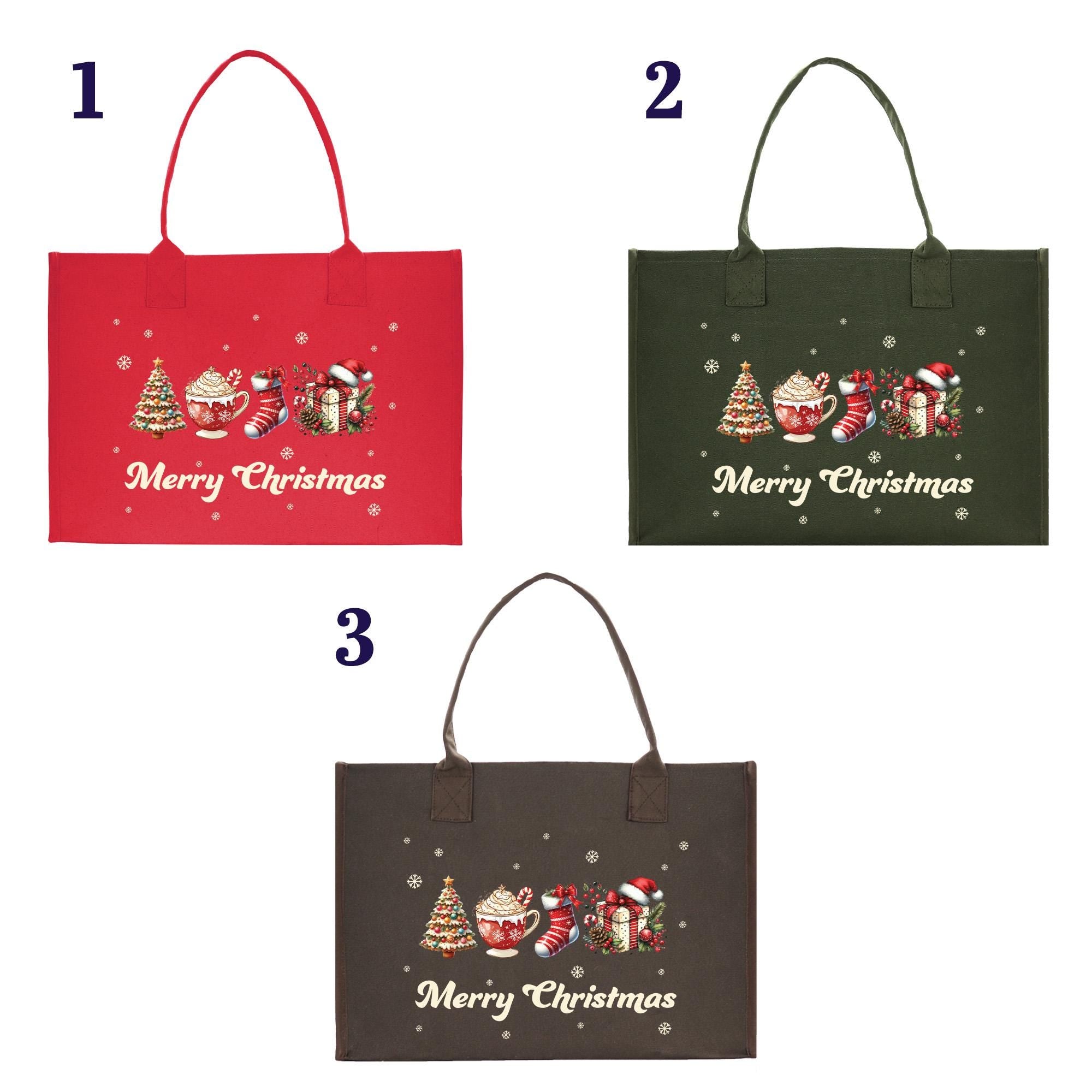 four christmas shopping bags with different designs