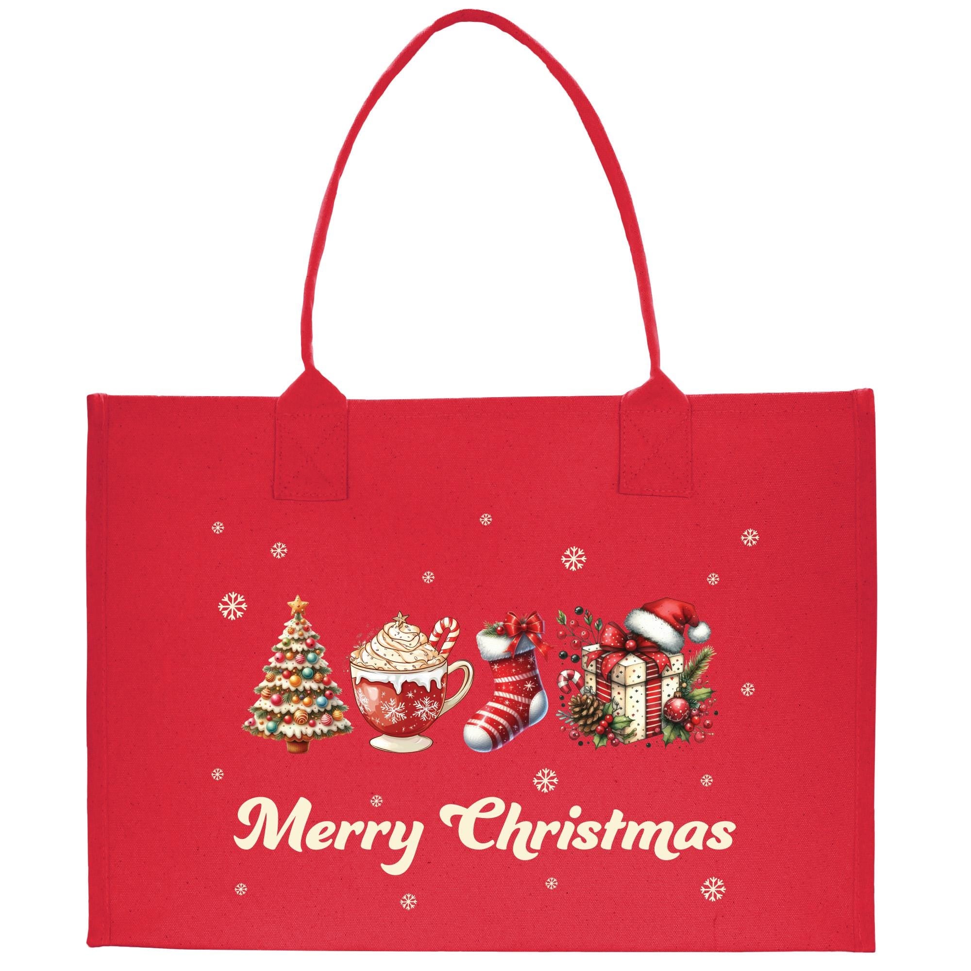 a red shopping bag with a merry christmas design