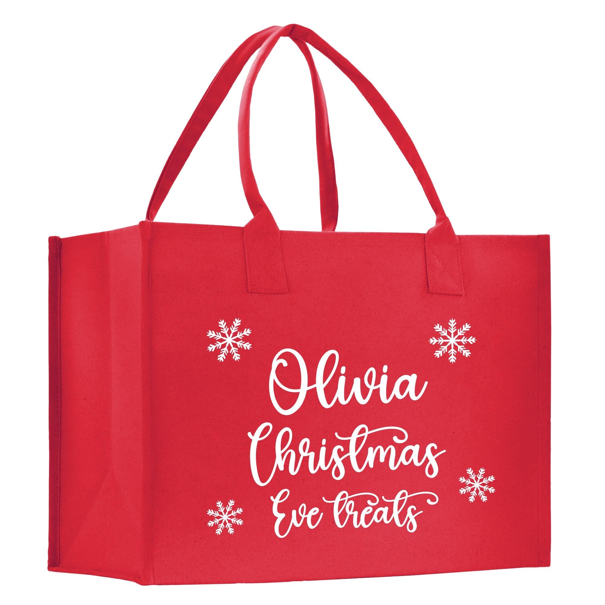 a red shopping bag with white writing on it