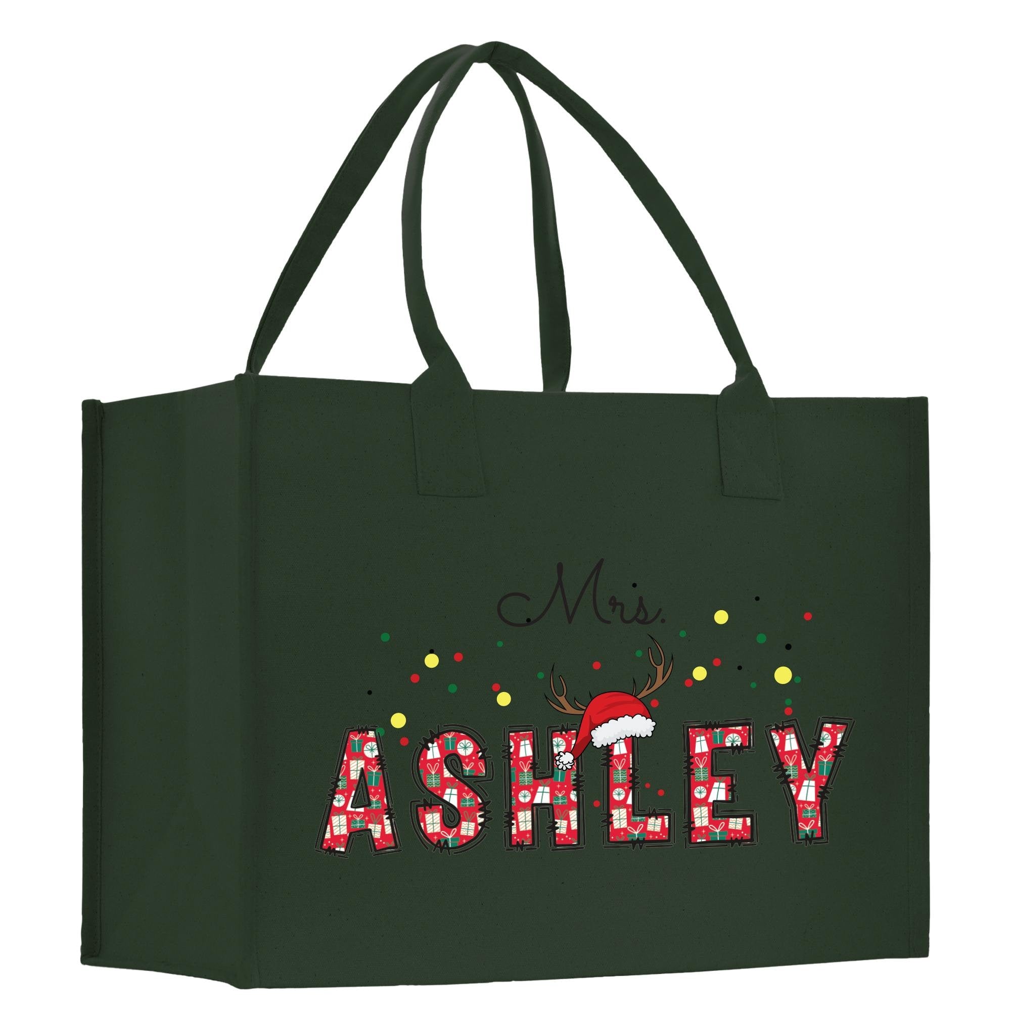 a green christmas shopping bag with mrs ashley on it