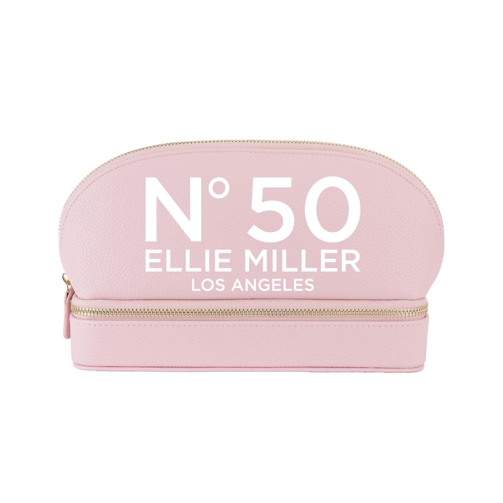 a pink cosmetic bag with the number 50 printed on it