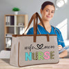 a woman is holding a bag with the words nurse on it