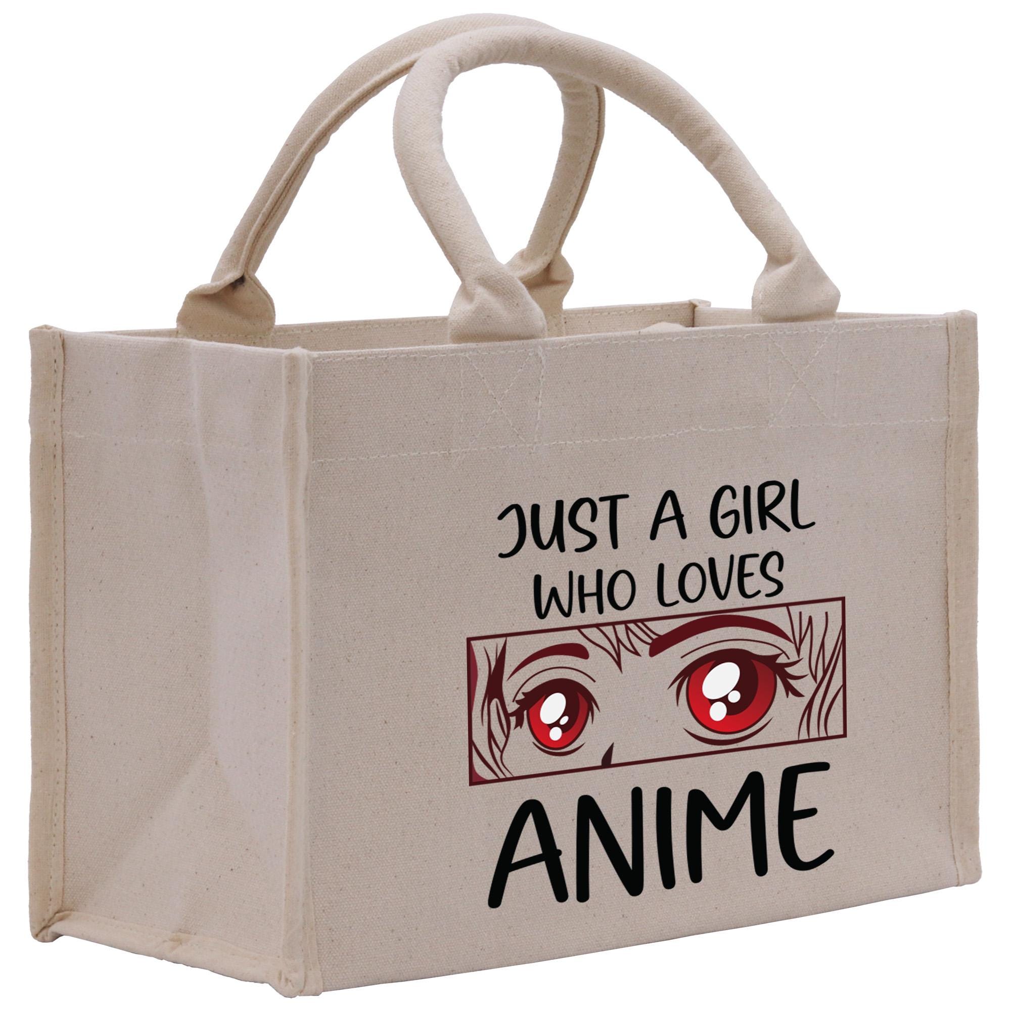 a white bag with a picture of a girl with red eyes