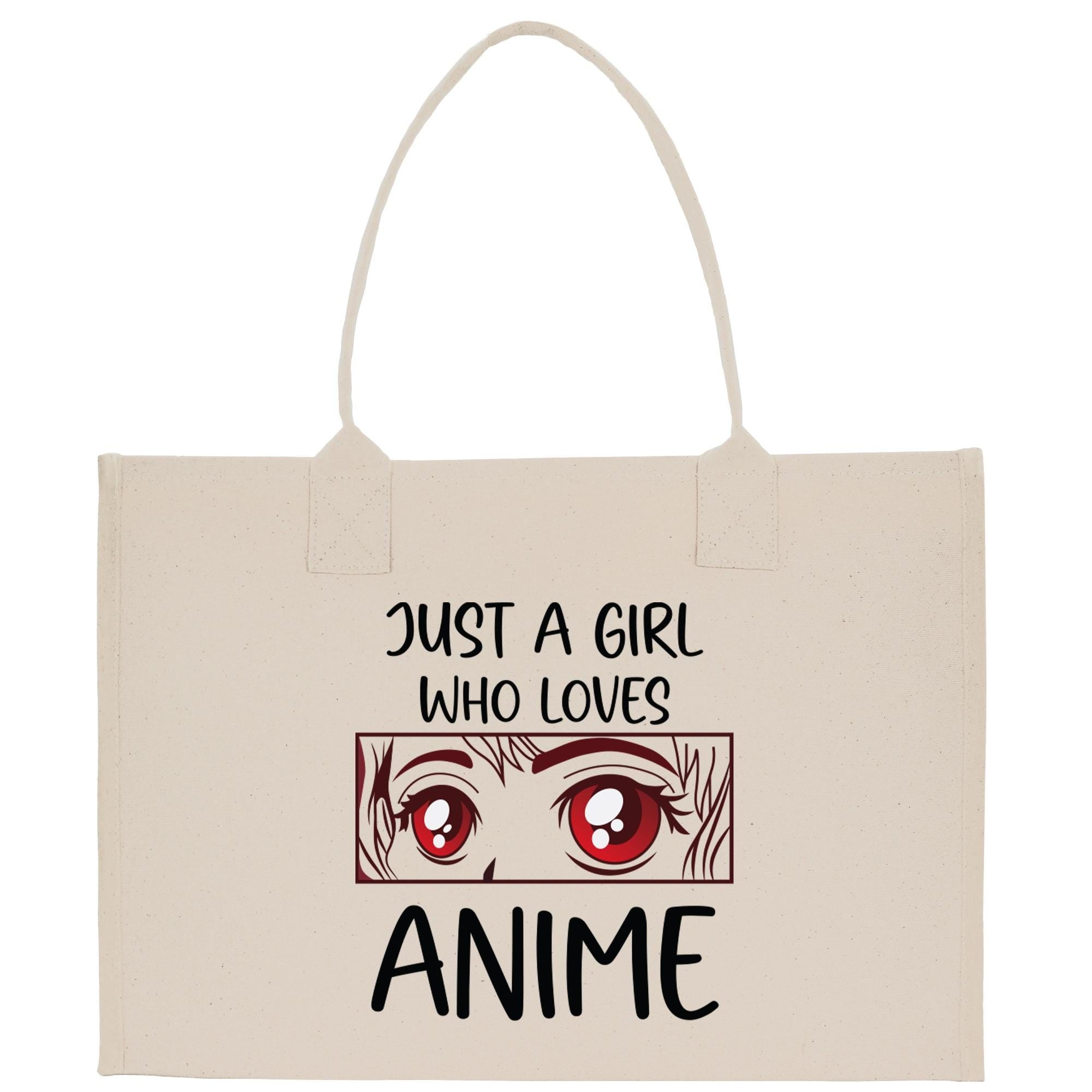 a tote bag with the words, just a girl who loves anime