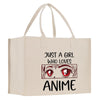 a white bag with a picture of a girl with red eyes