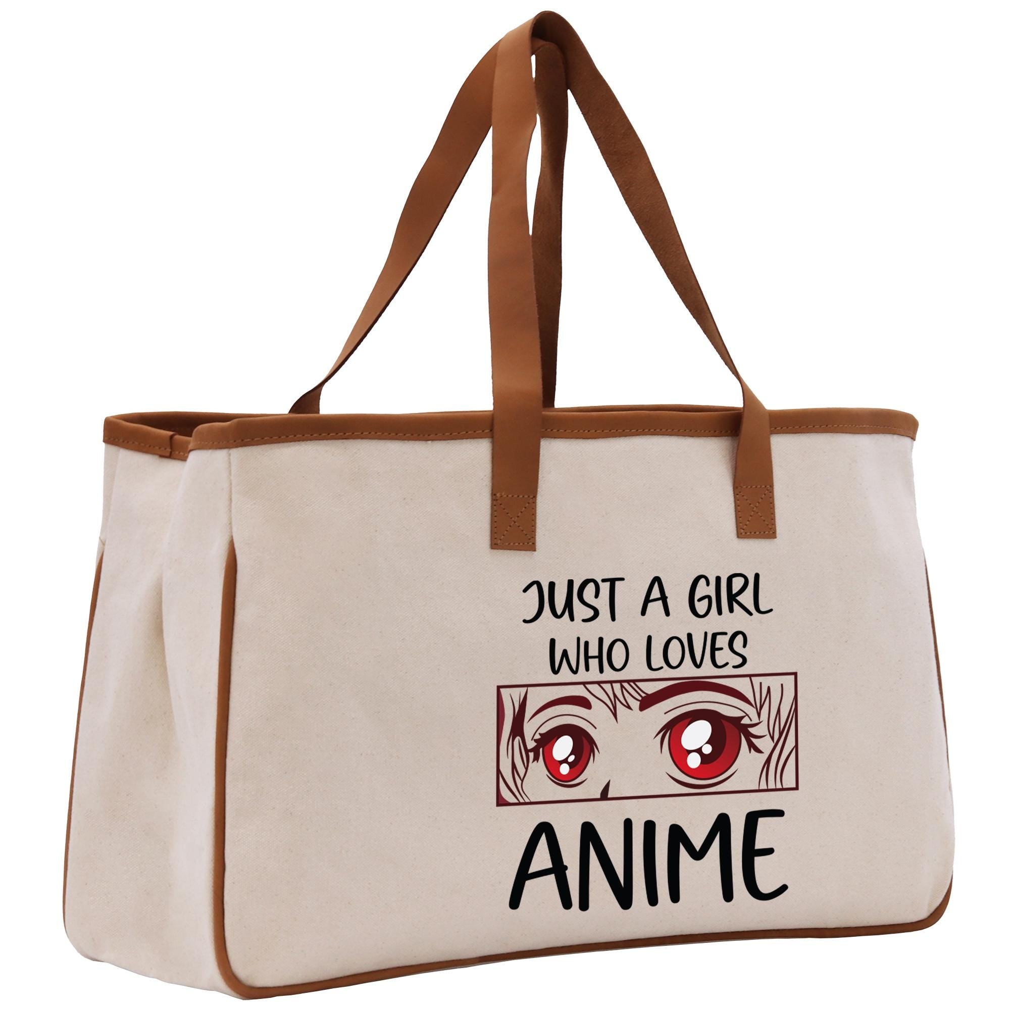 a white bag with a picture of a girl with red eyes