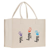 a white shopping bag with three hand prints on it