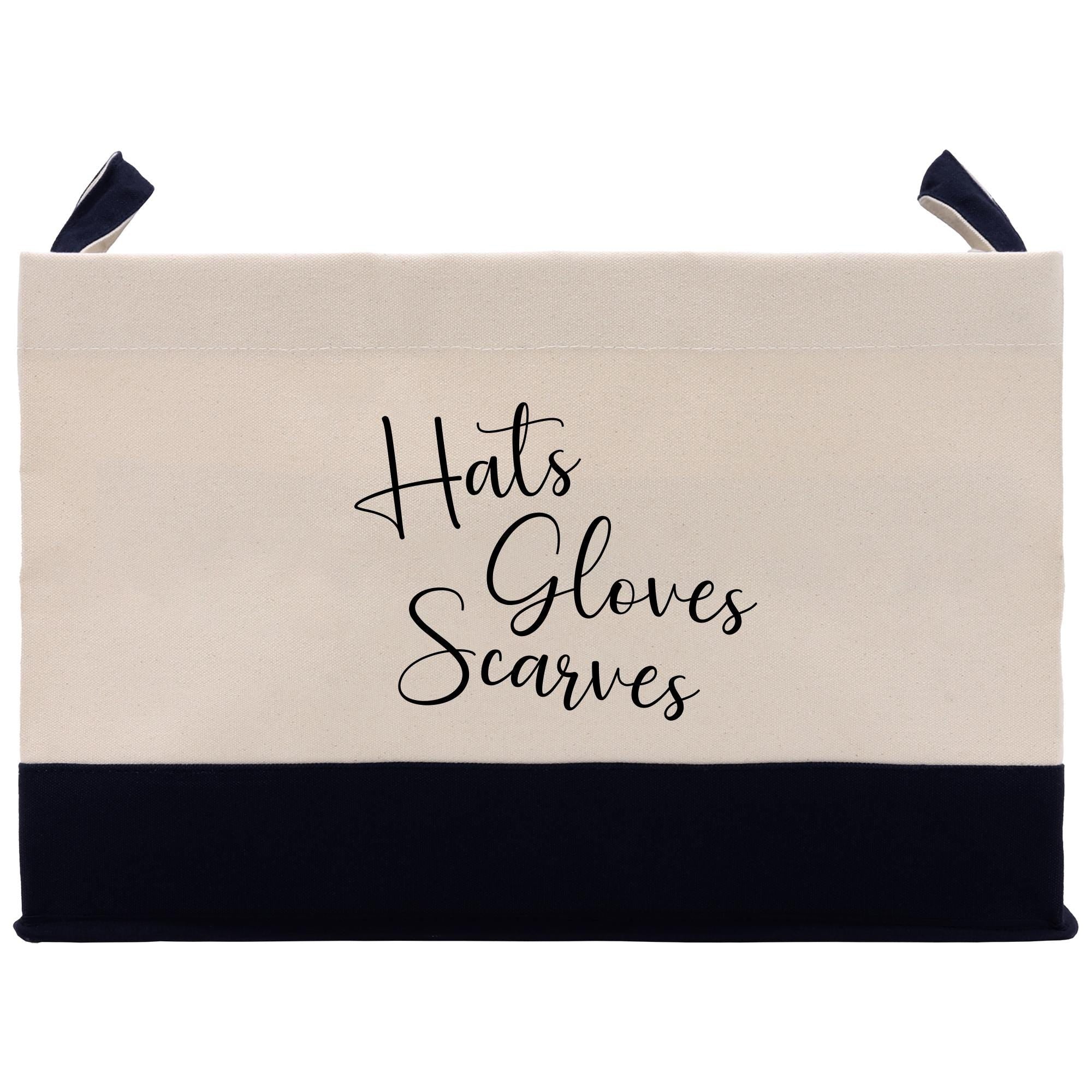 a black and white bag with the words hats, gloves, scarves on it