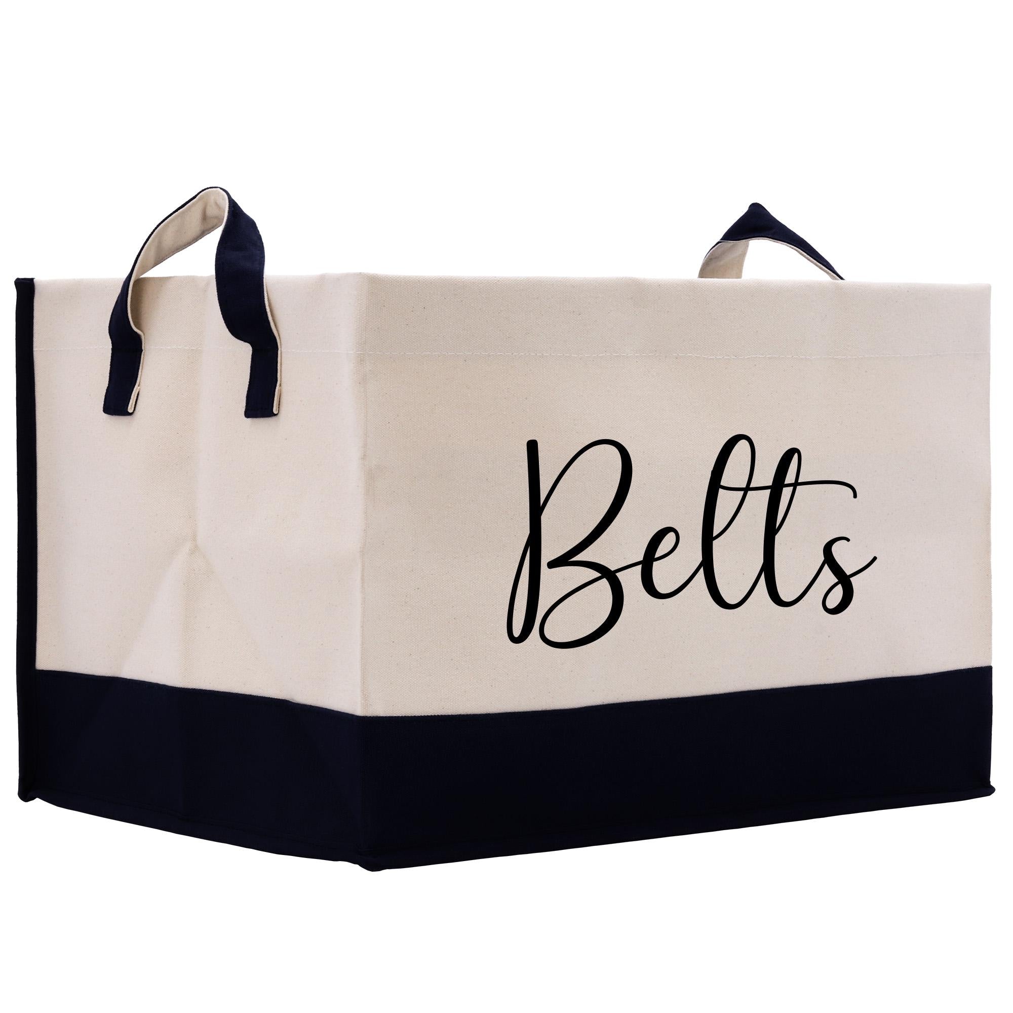 a white and black bag with the word belts on it