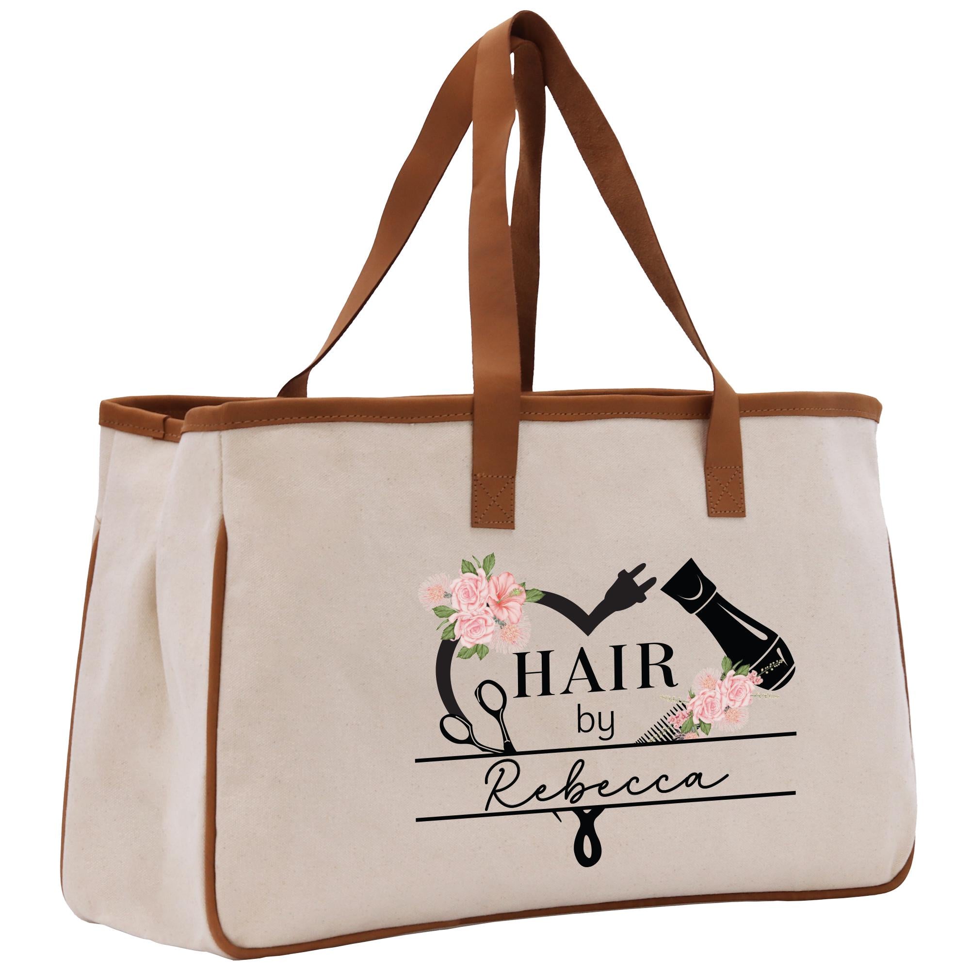 a canvas tote bag with a flower and a hairdryer on it