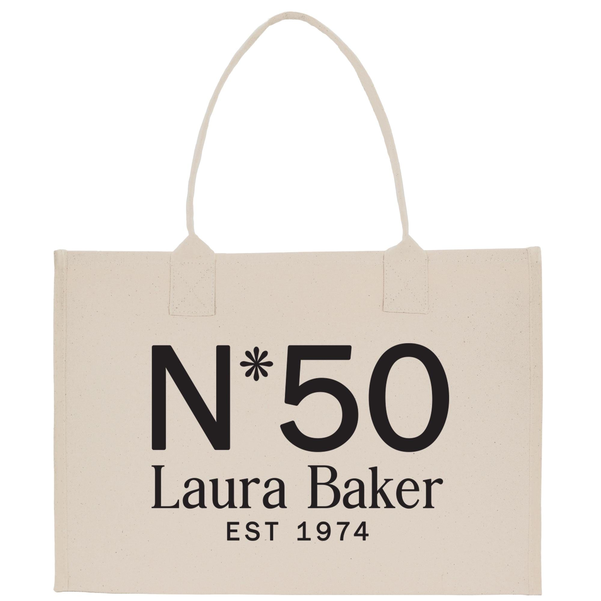 a white shopping bag with the number 50 on it