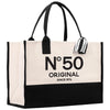 a black and white shopping bag with the number 50 on it