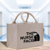 a beige bag with the nurse face logo on it