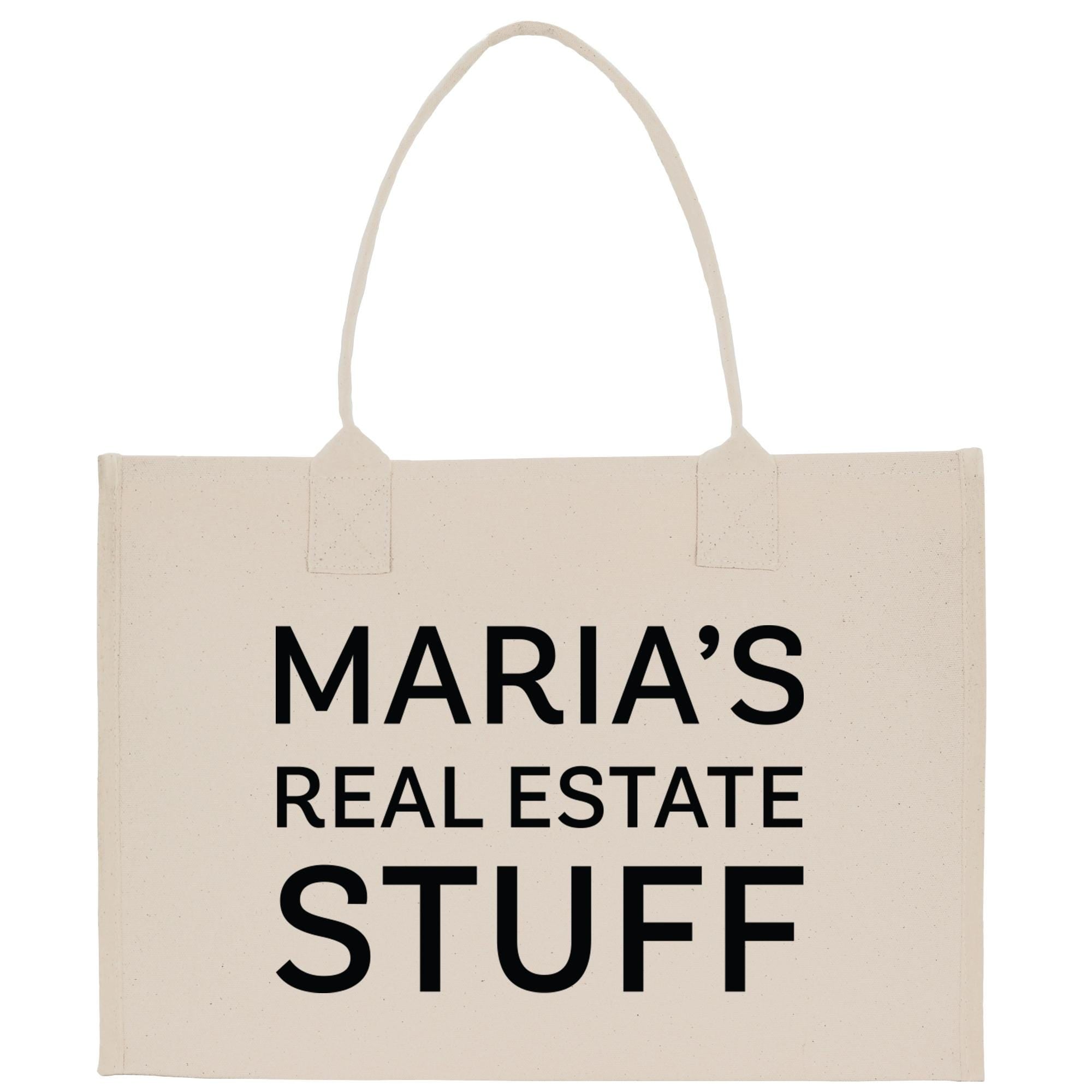 a tote bag with the words maria&#39;s real estate stuff printed on it