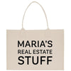 a tote bag with the words maria's real estate stuff printed on it