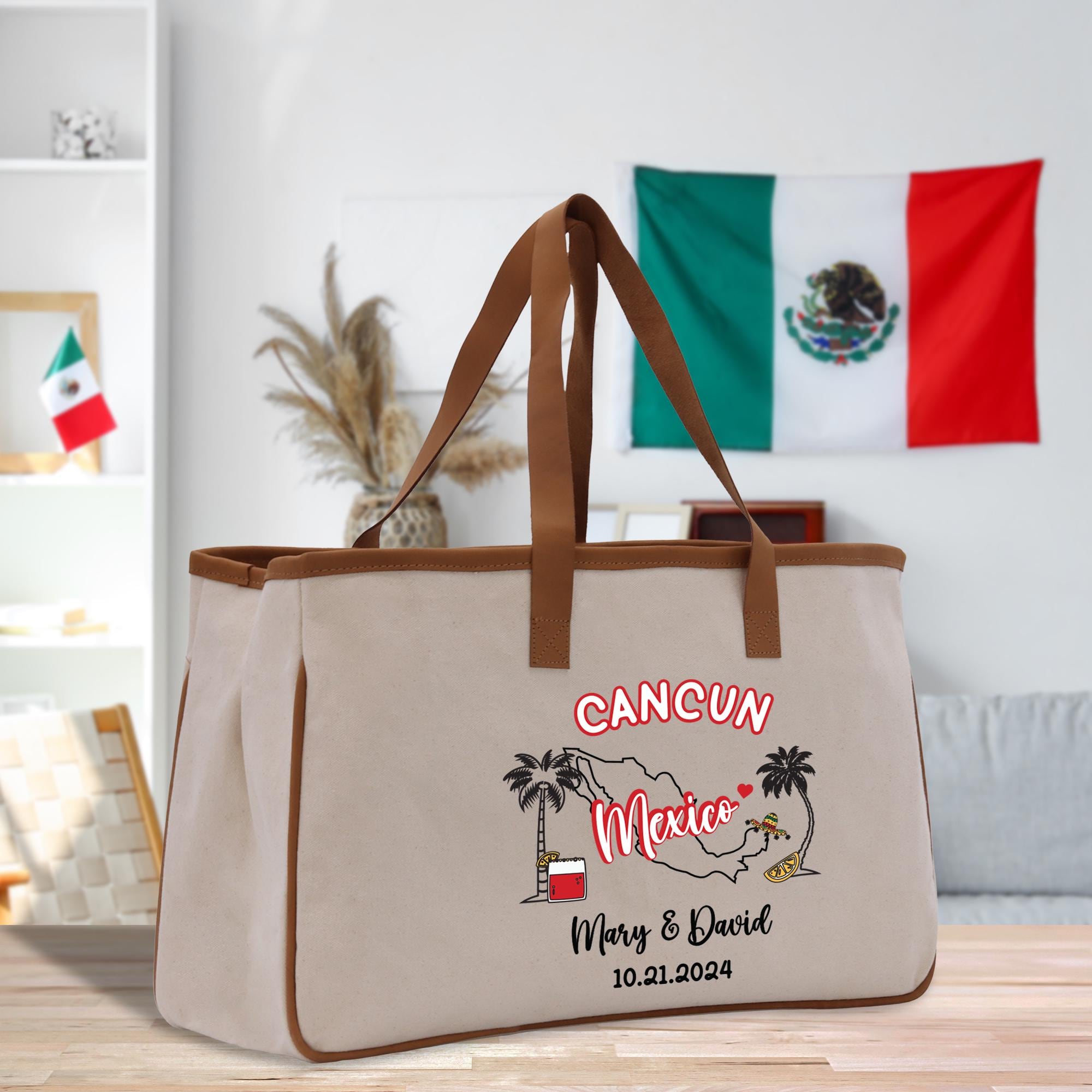 a canvas tote bag with a map of cancun and mexico on it