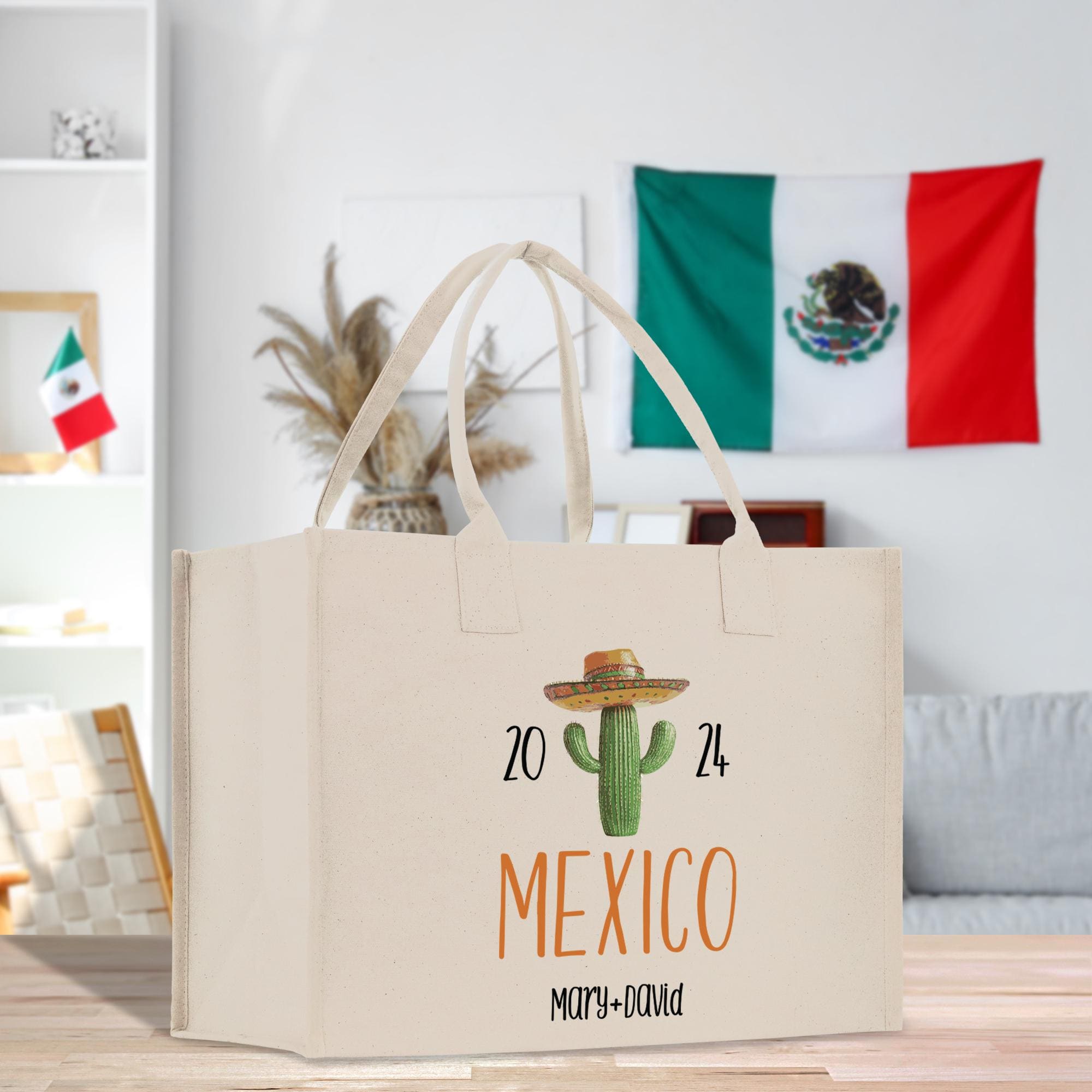 a mexican themed shopping bag sitting on a table