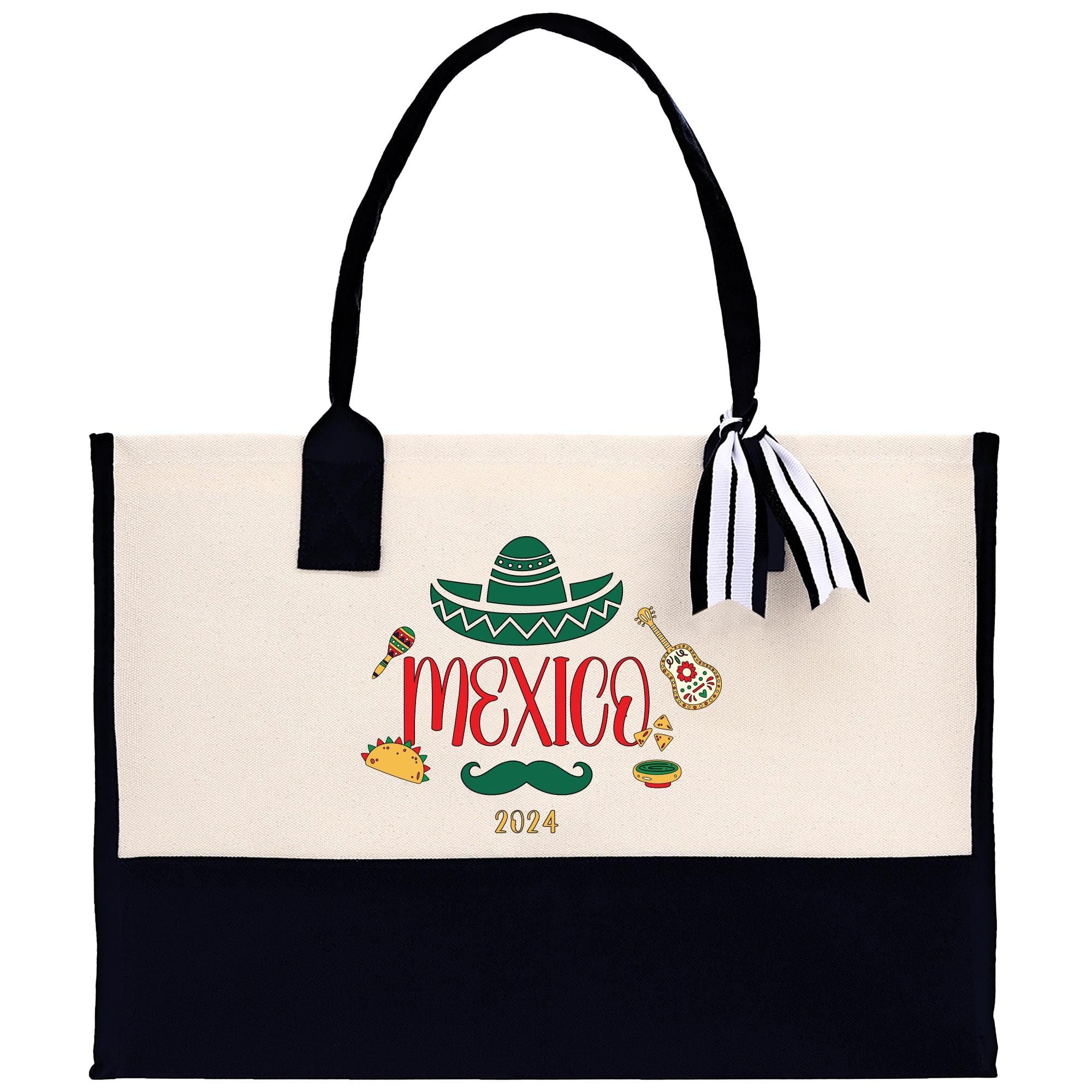 a black and white tote bag with a taco on it