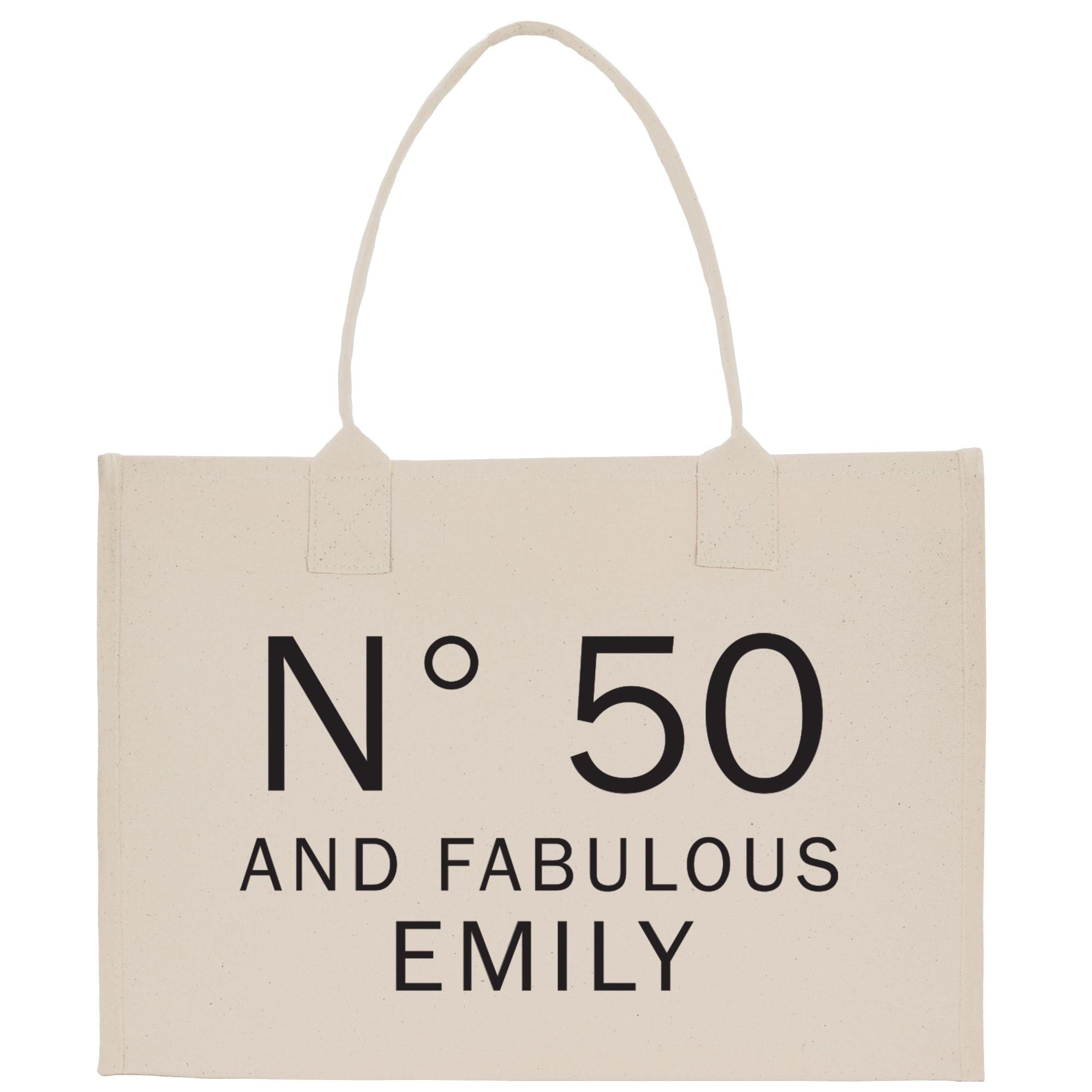 a white bag with the words n&#39;50 and fabulous family printed on it