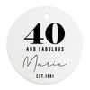 a white ornament with the number forty and fabulous marina