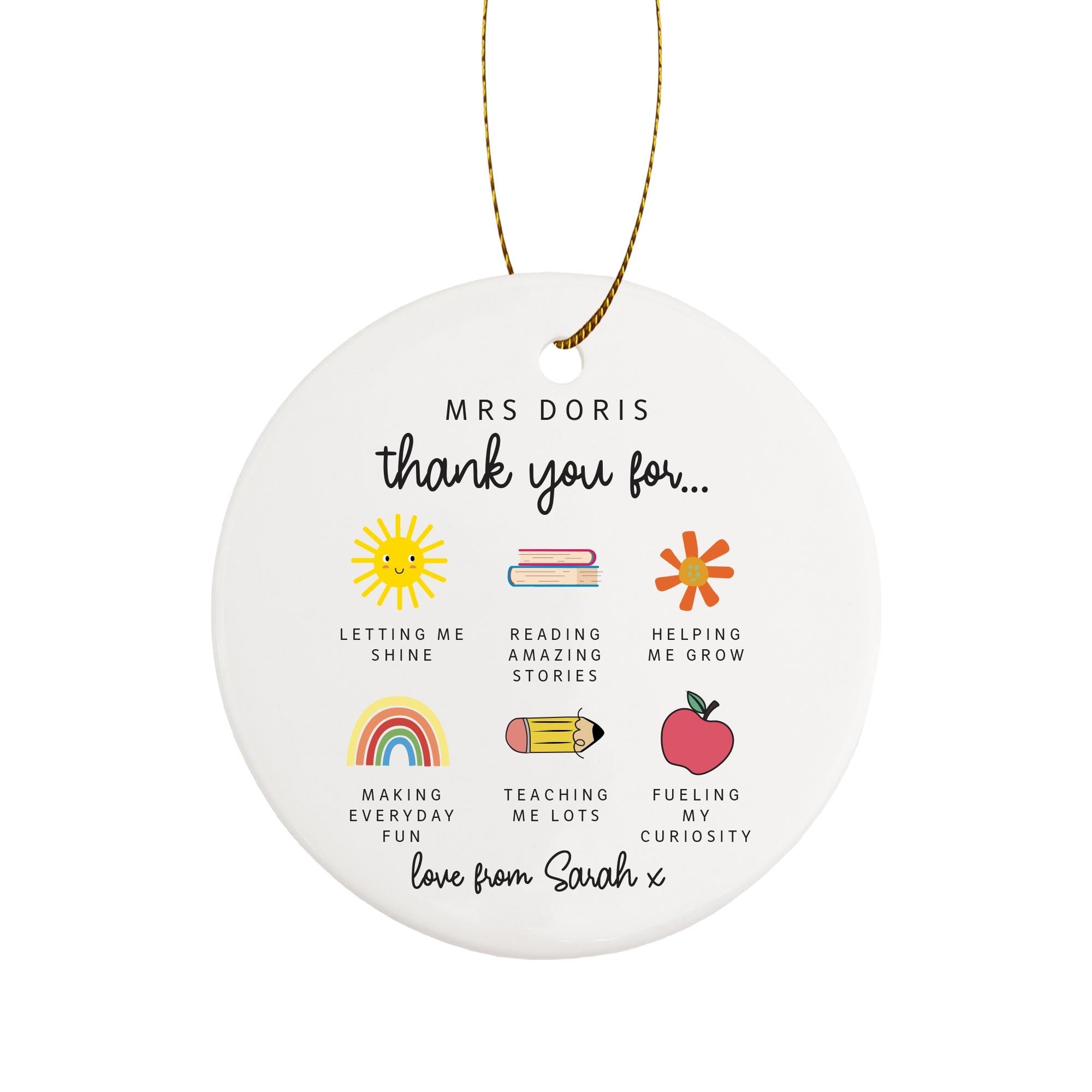 a white ceramic ornament with a teacher&#39;s appreciation message