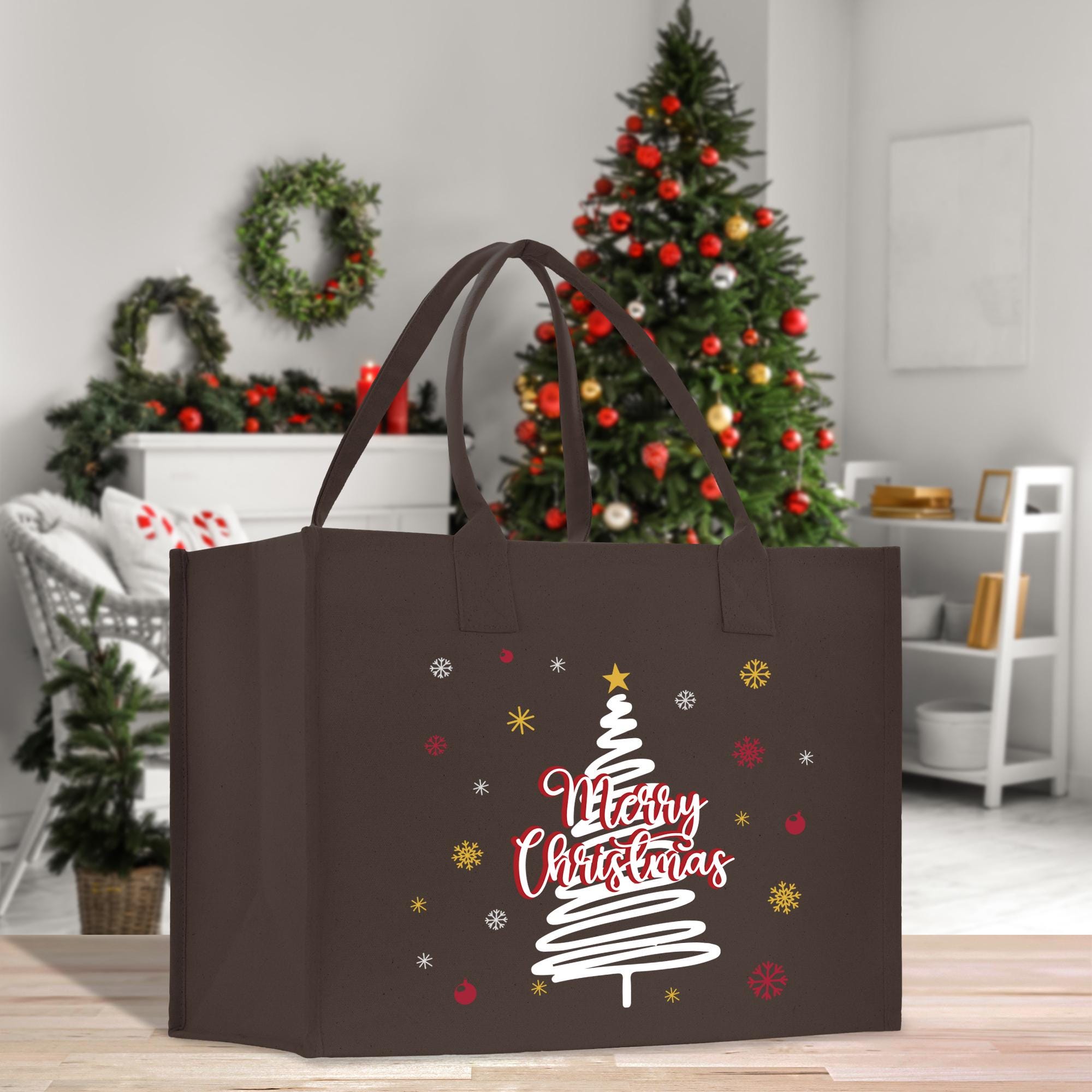 a brown shopping bag with a christmas tree on it