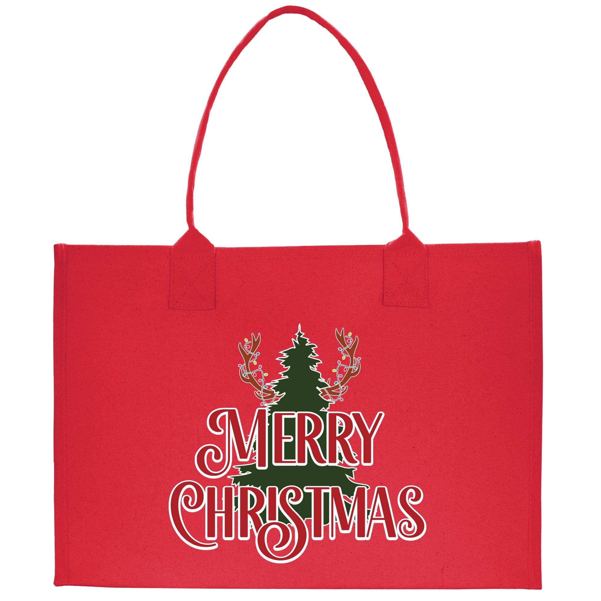 a red shopping bag with a christmas tree on it