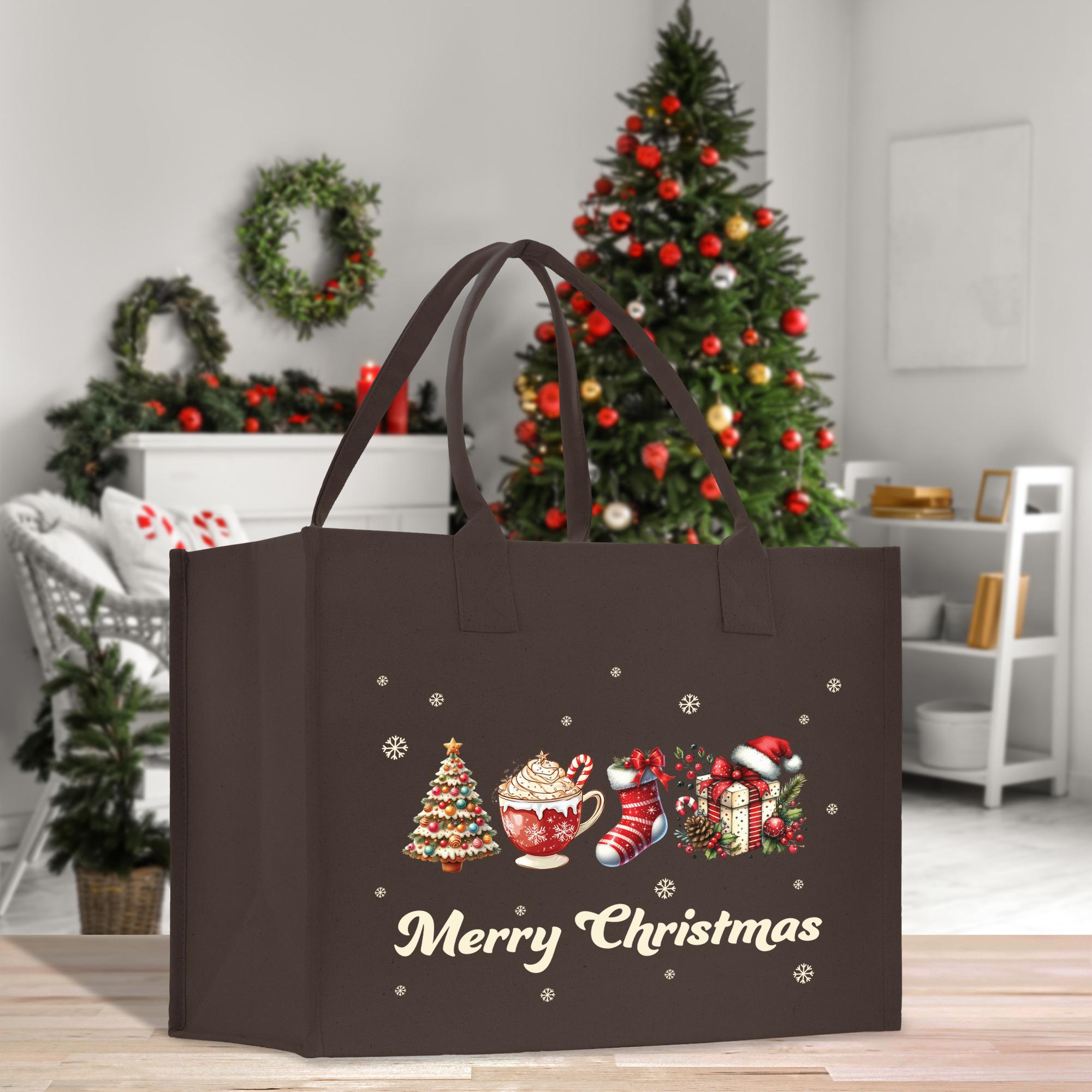 a christmas shopping bag sitting on top of a wooden table