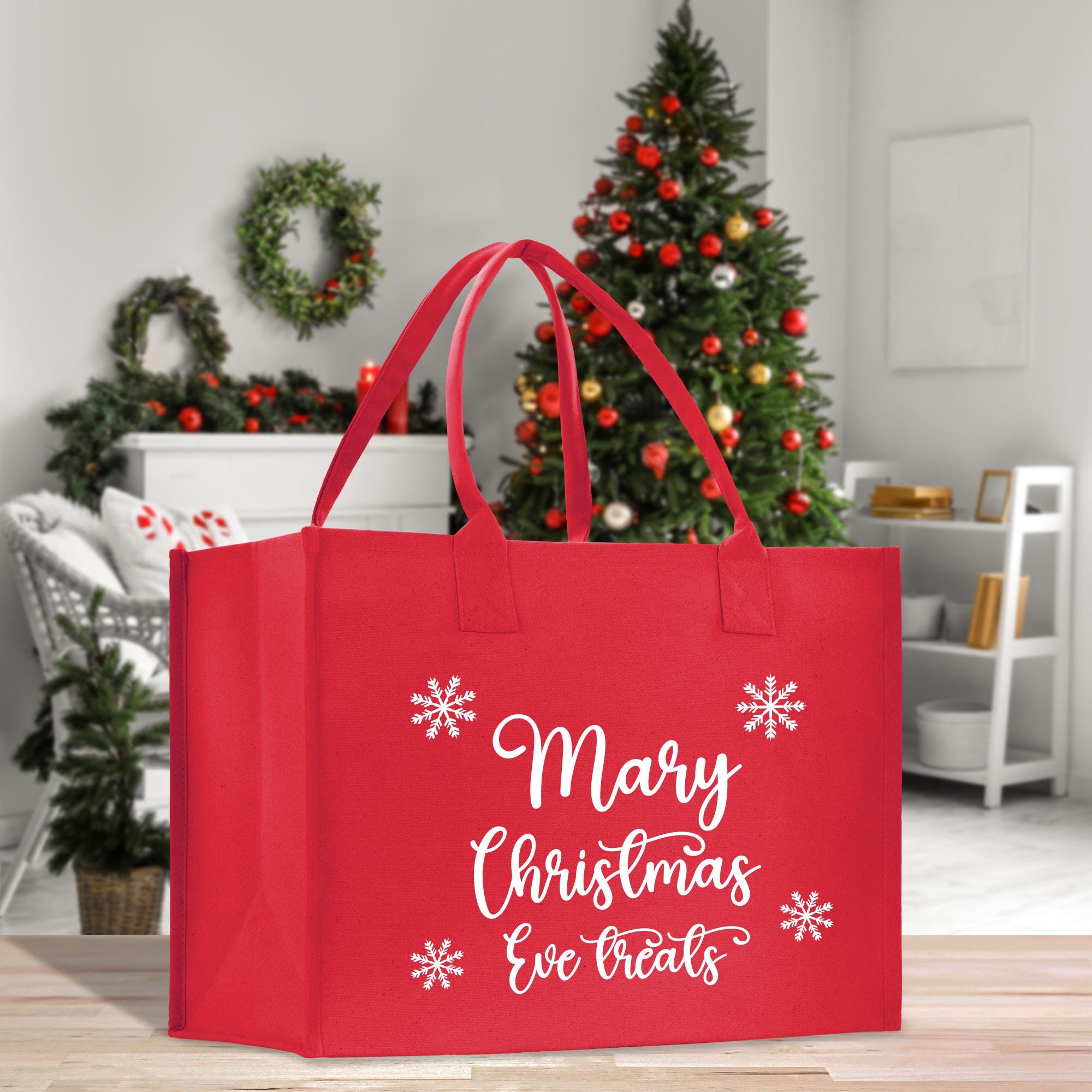 a red shopping bag sitting on top of a wooden table