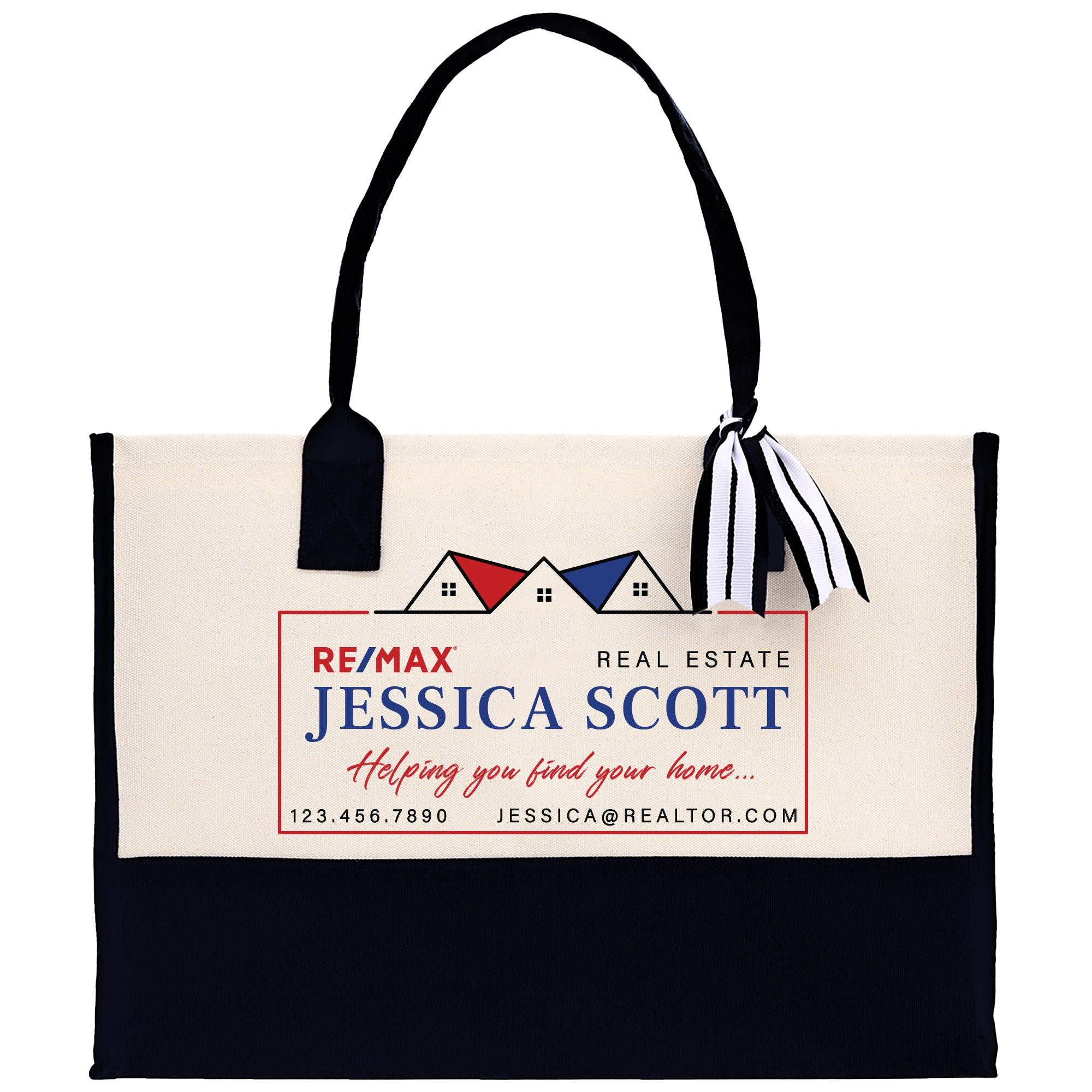 a white and black tote bag with a red, white, and blue label