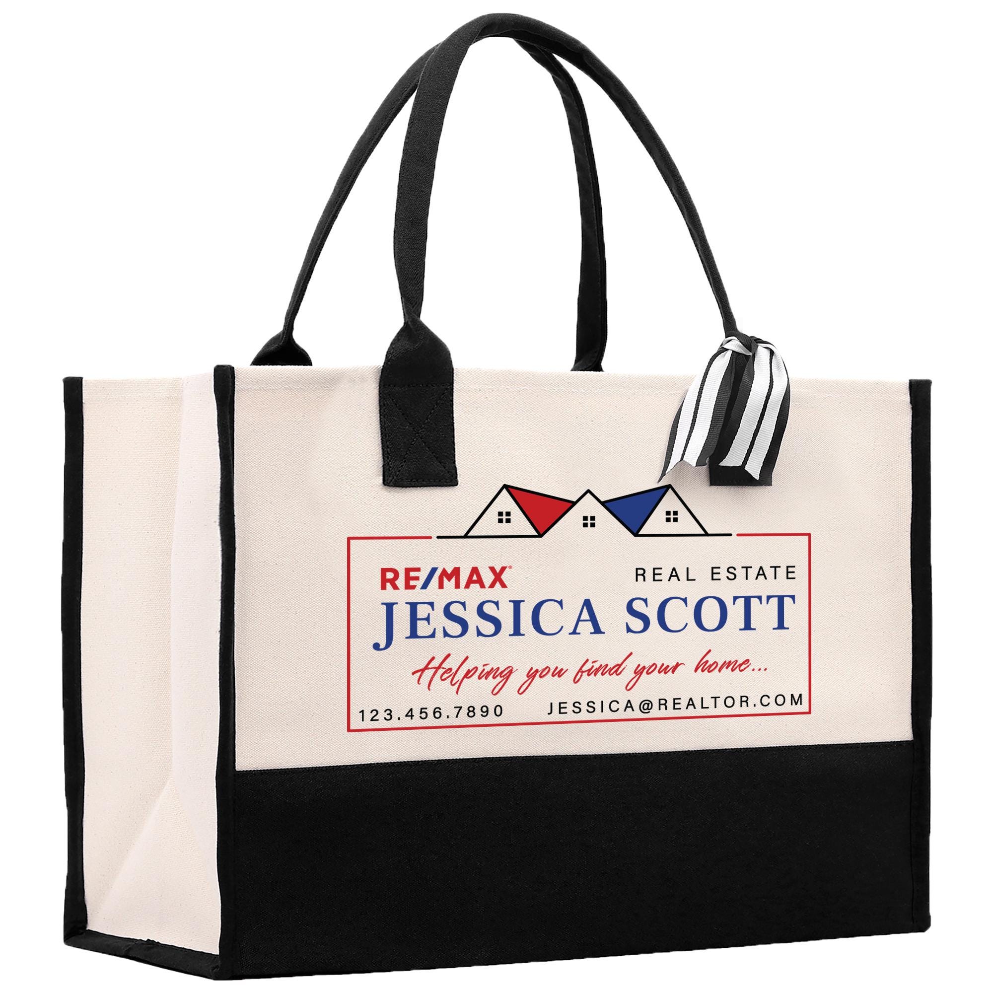 a black and white bag with a red, white, and blue logo