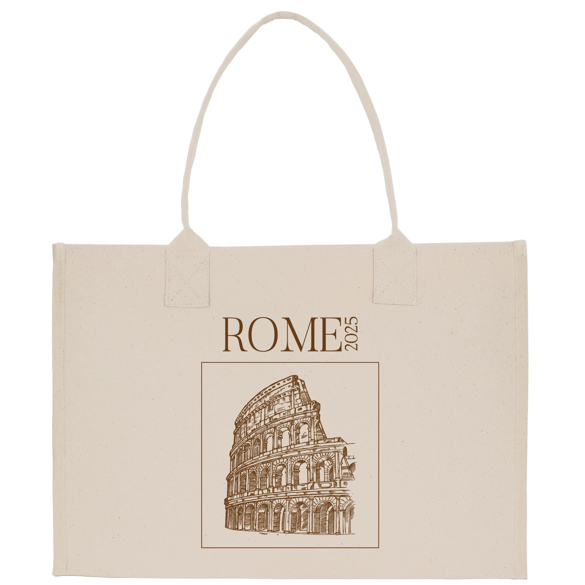 a white bag with a picture of a building on it