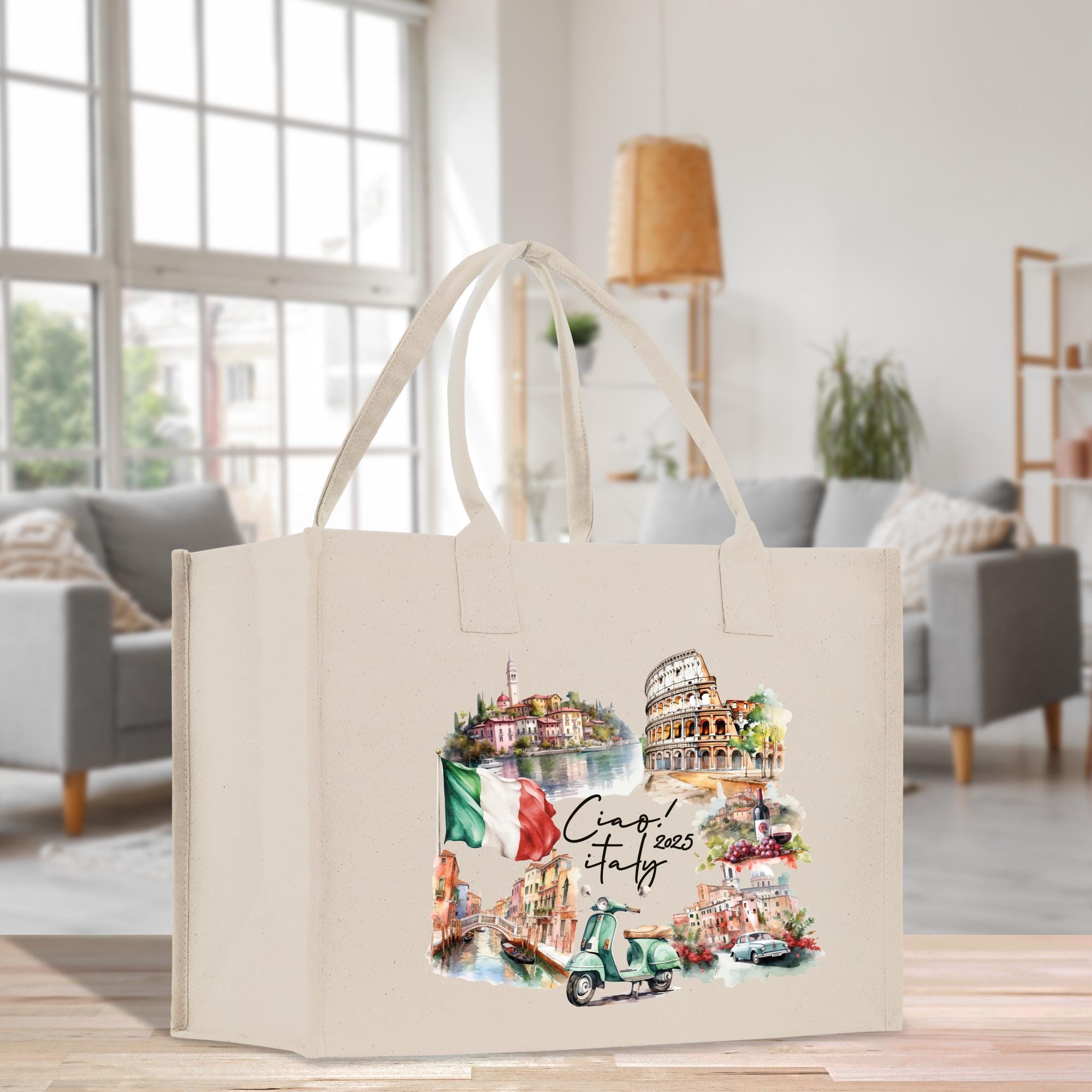 a white bag with a picture of a city on it