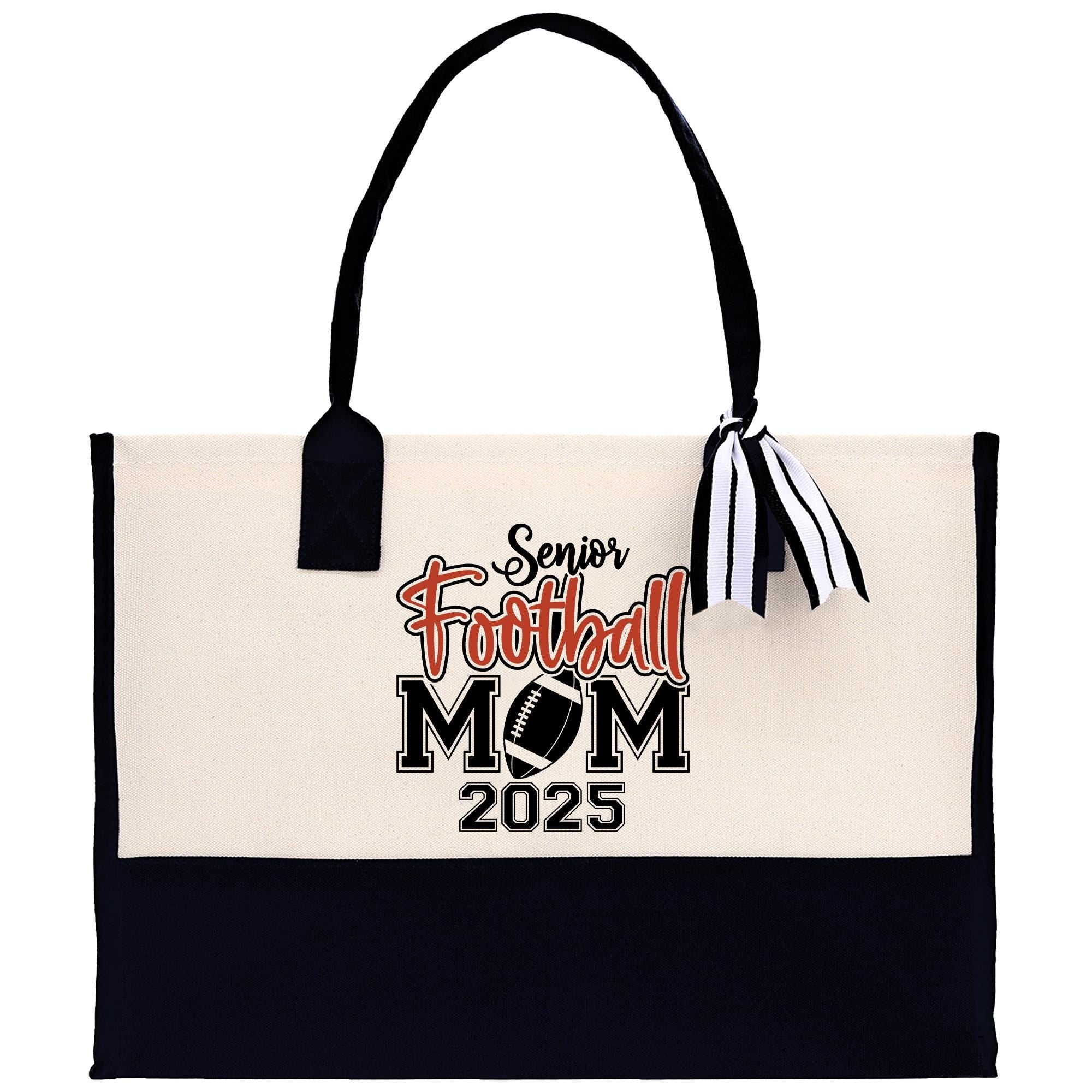 a black and white bag with a football mom on it