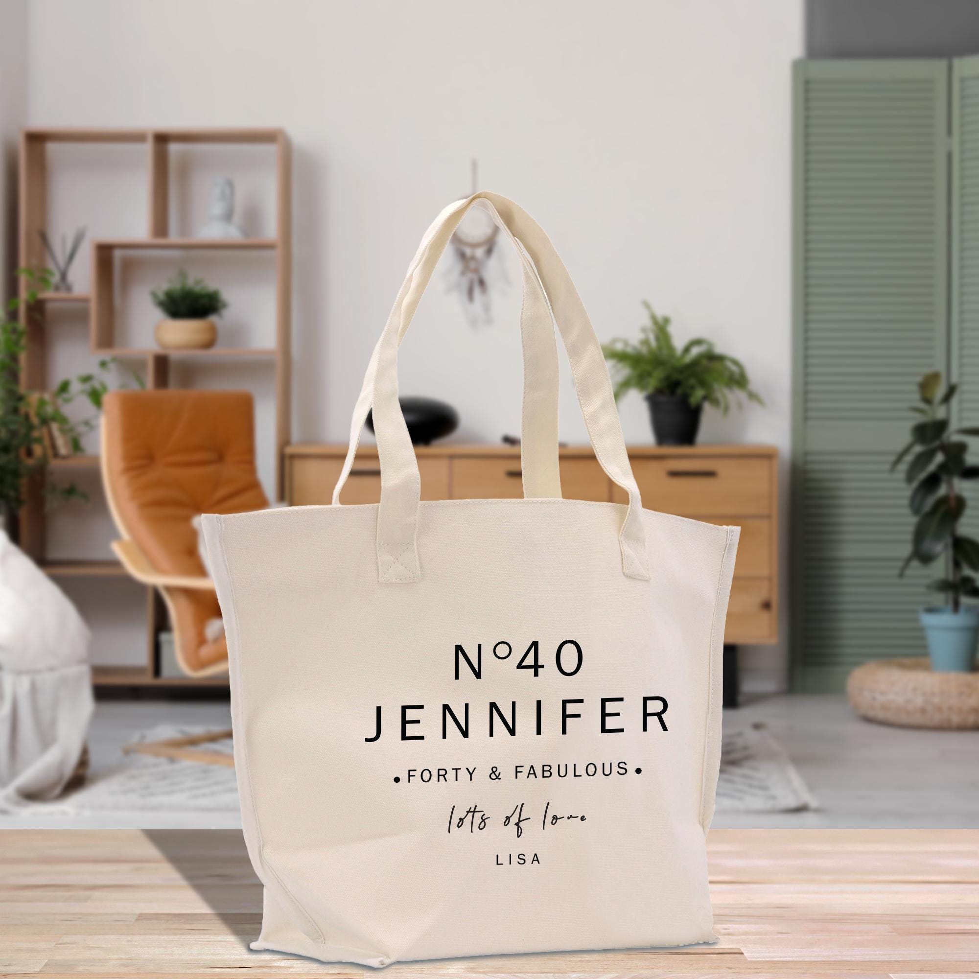 a canvas tote bag sitting on top of a wooden table