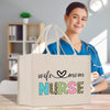 a woman in scrubs holding a bag with the words nurse on it