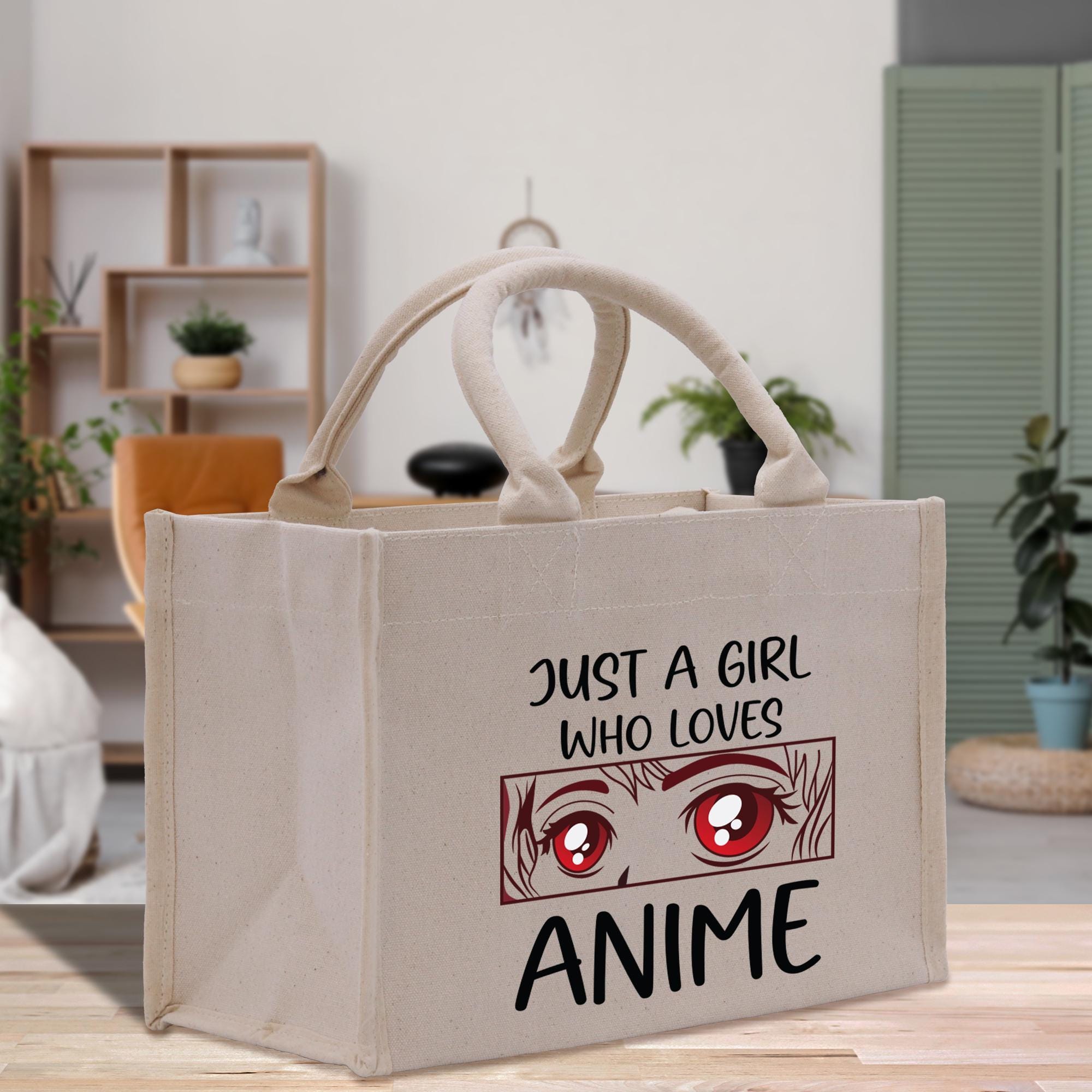 a shopping bag with a picture of a pair of red eyes on it