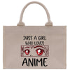 a canvas bag with an image of a girl's eyes and the words,