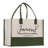 a green and white shopping bag with the words james pray without ceasing