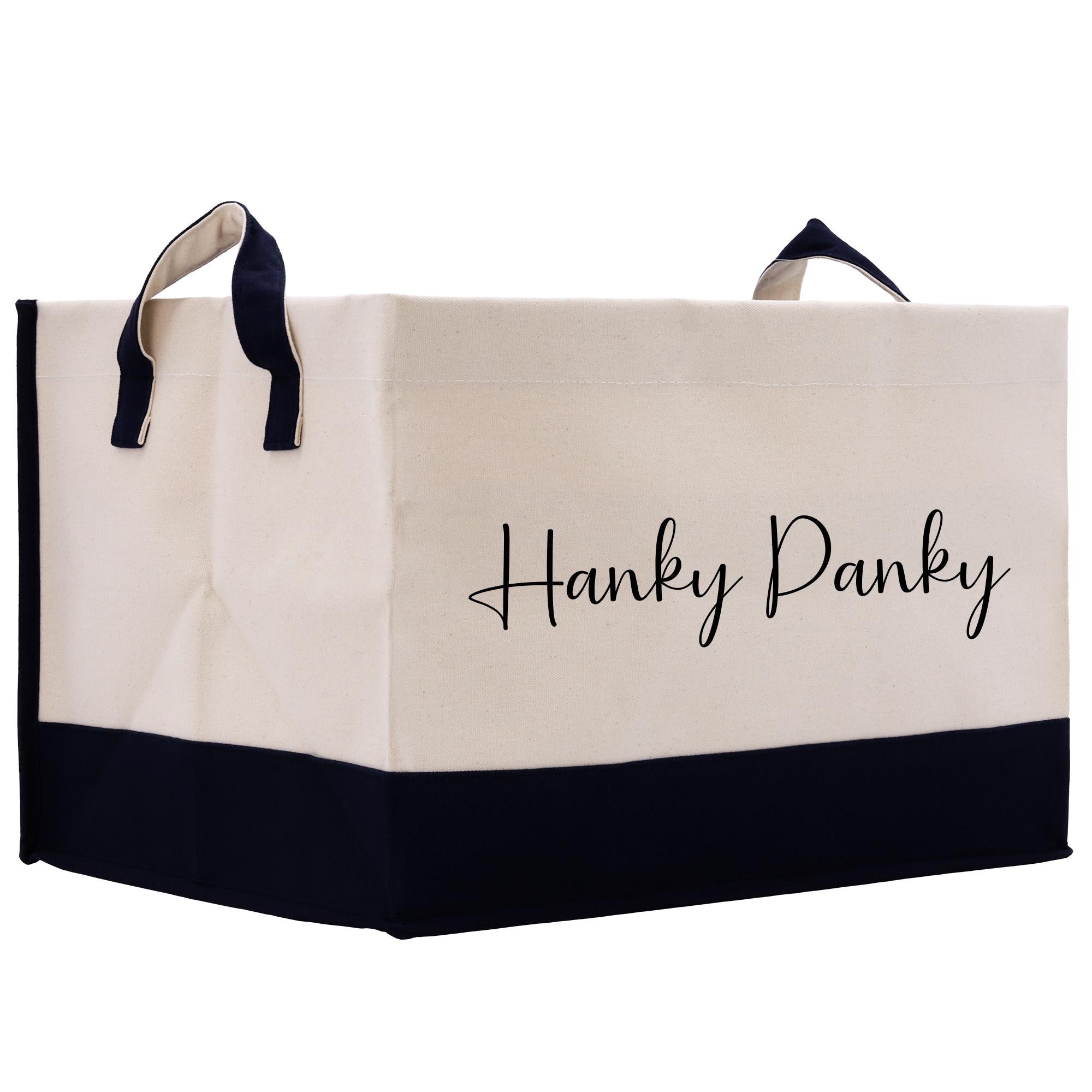 a black and white tote bag with the words hanky panky on it