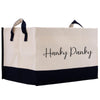 a black and white tote bag with the words hanky panky on it