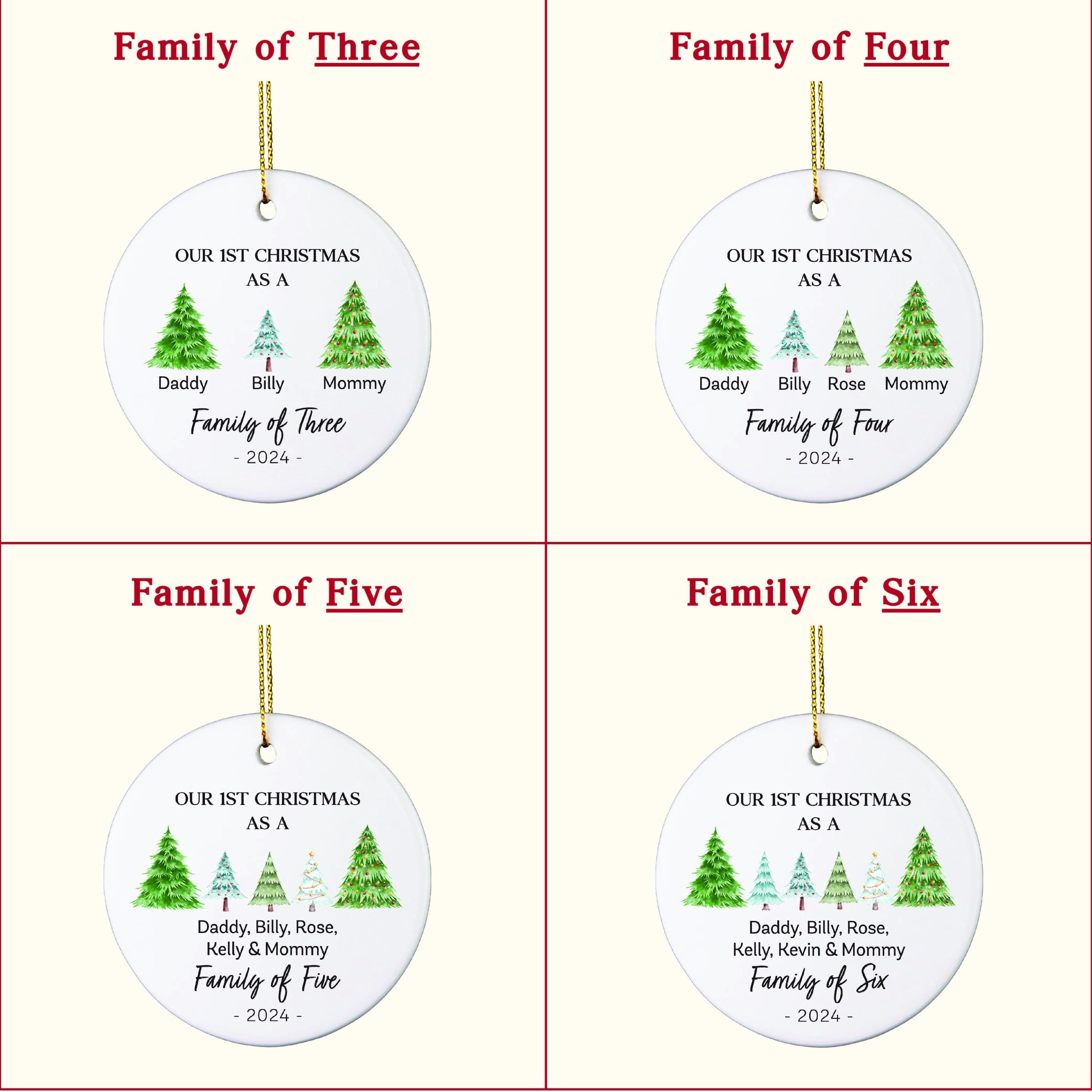 four personalized christmas ornament designs for family of four