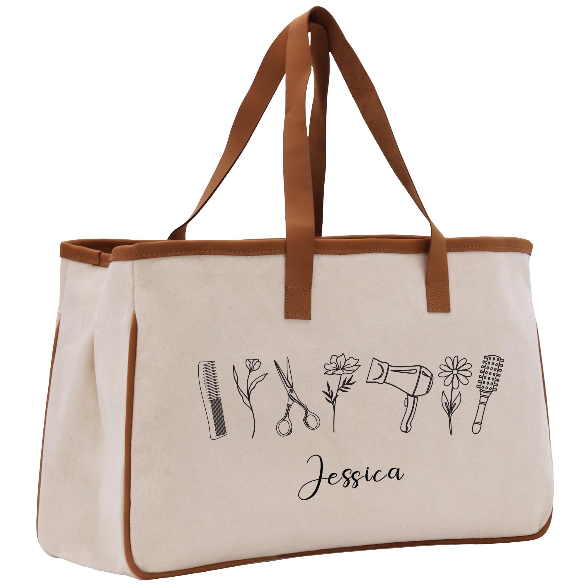 a tote bag with a hairdryer and scissors on it