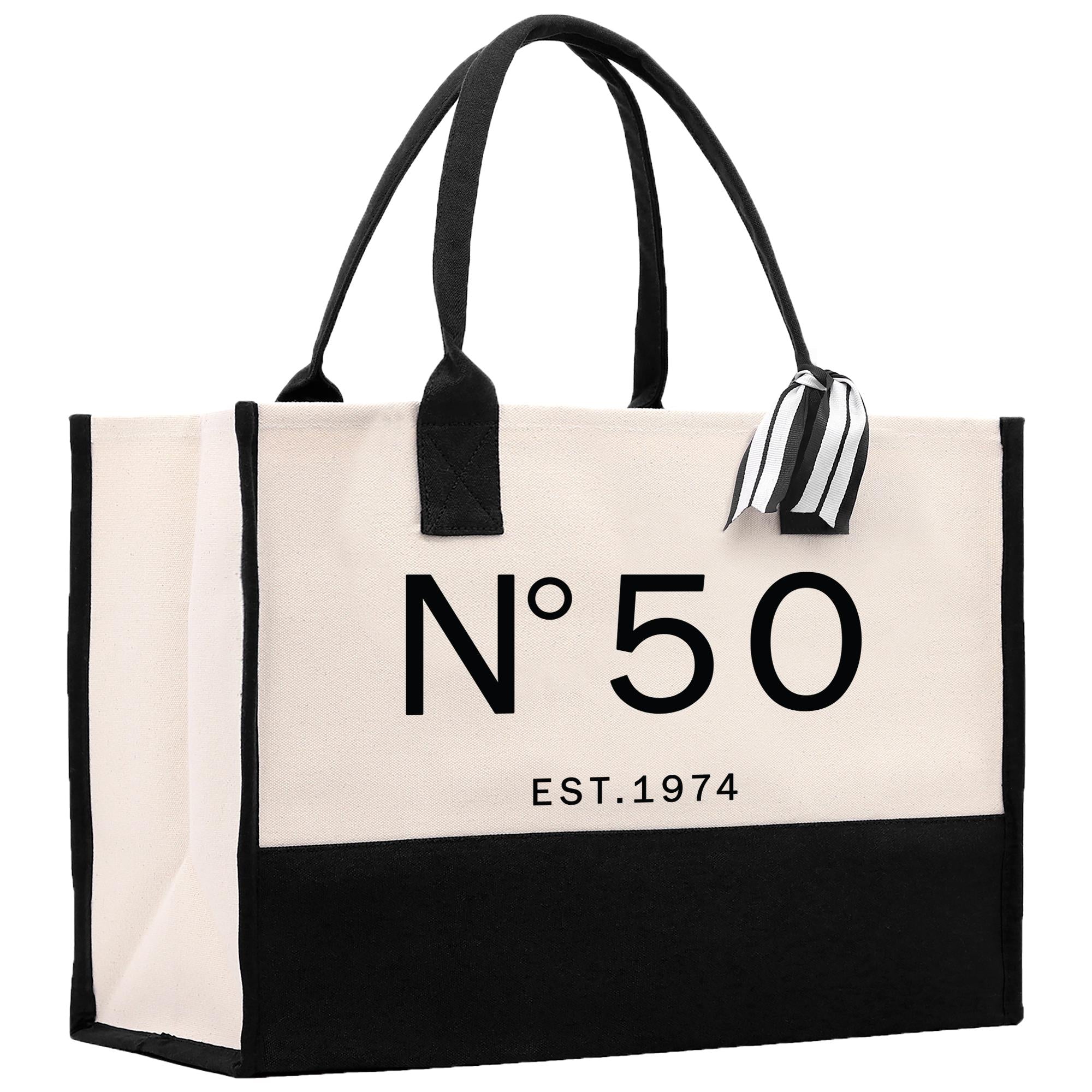 a black and white shopping bag with the number 50 on it